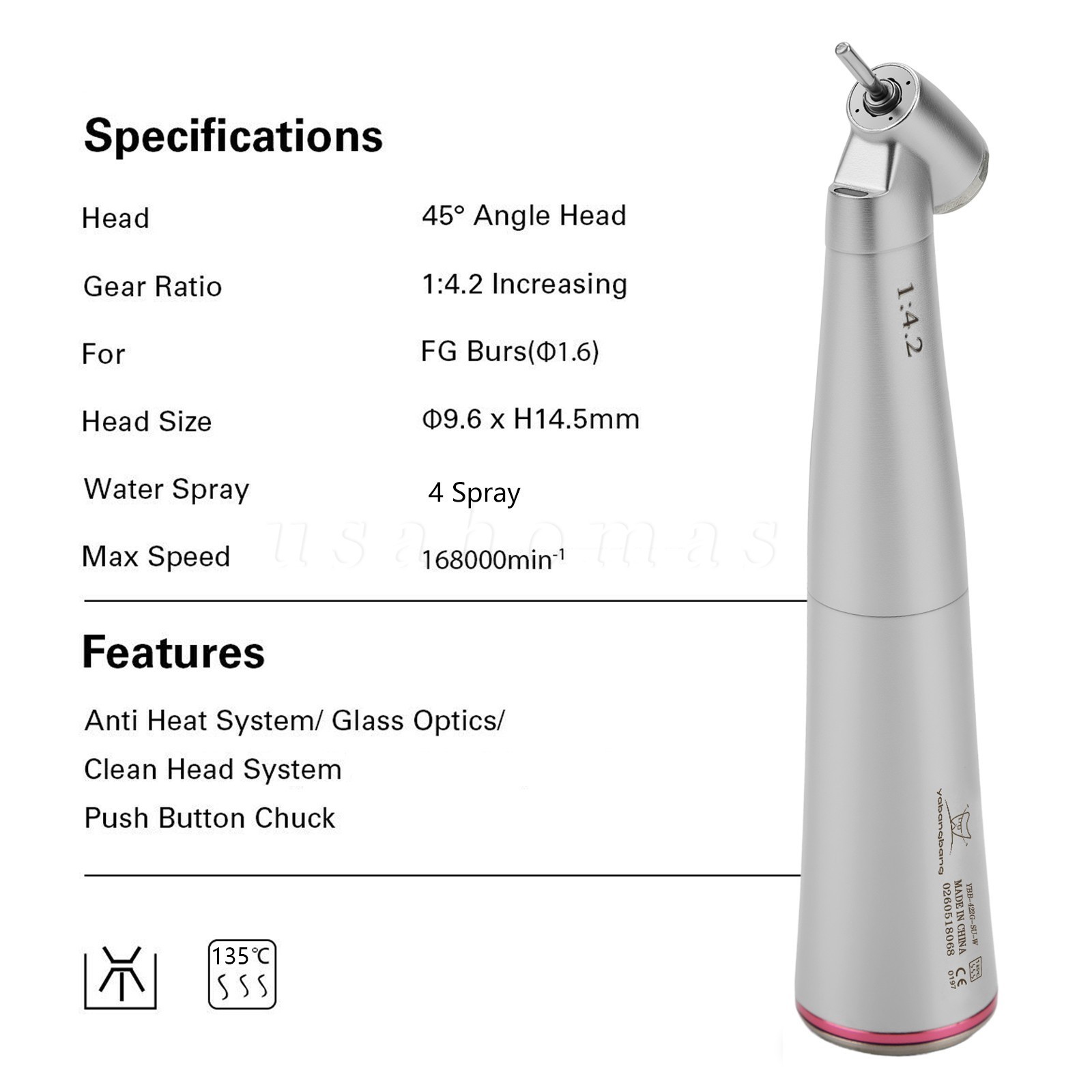 2* Yabangbang Dental 1:4.2 45° LED Handpiece Internal 4 Spray E-Type Connector