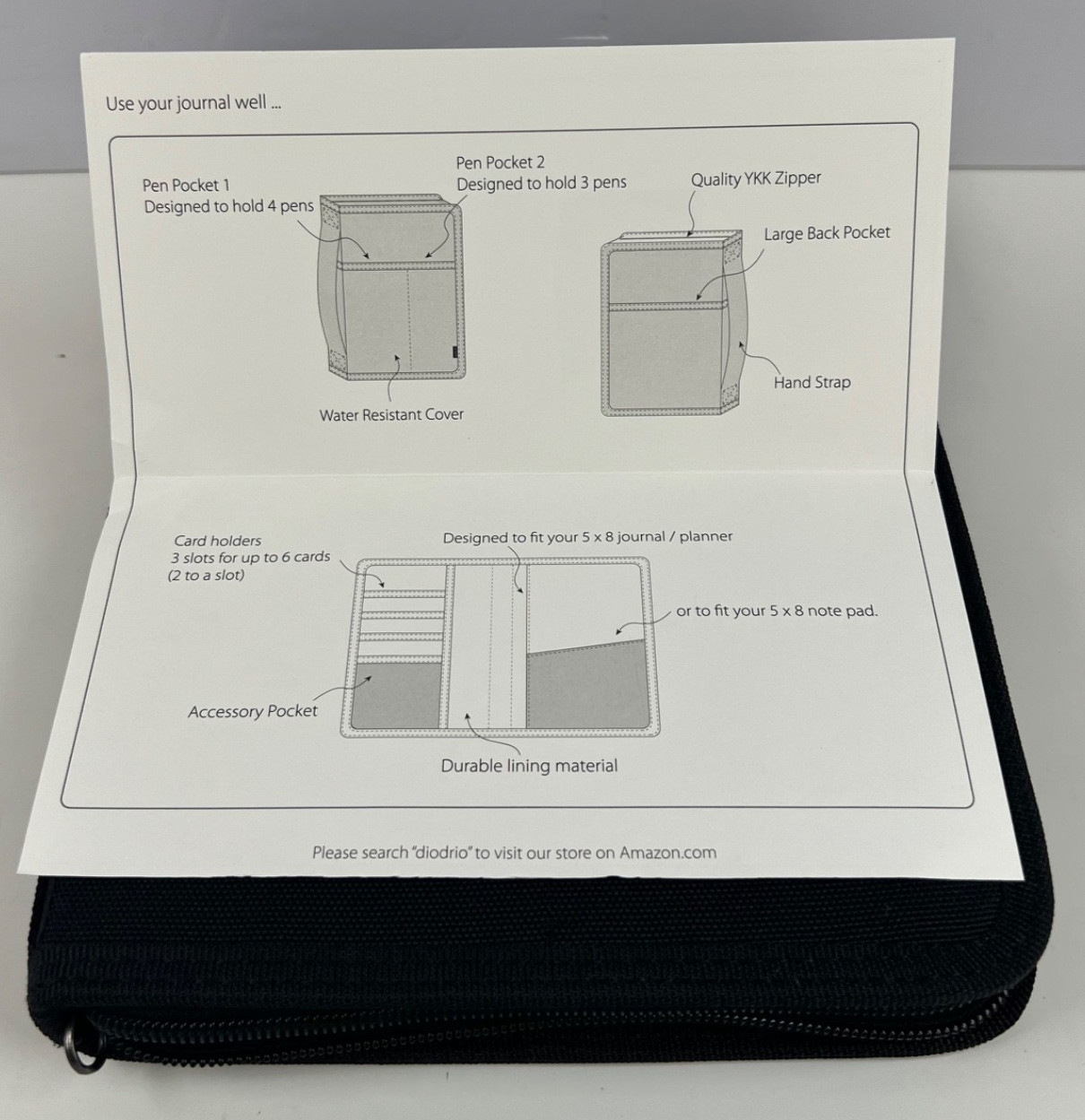 Diodrio Zipper Journal Organizer with A5 Notebook Pen & Card Holder Black