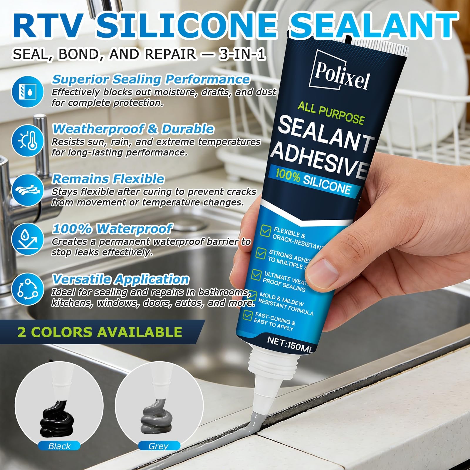 POLIXEL Black RTV Silicone Sealant Adhesion – 100% Silicone Caulk, Waterproof…