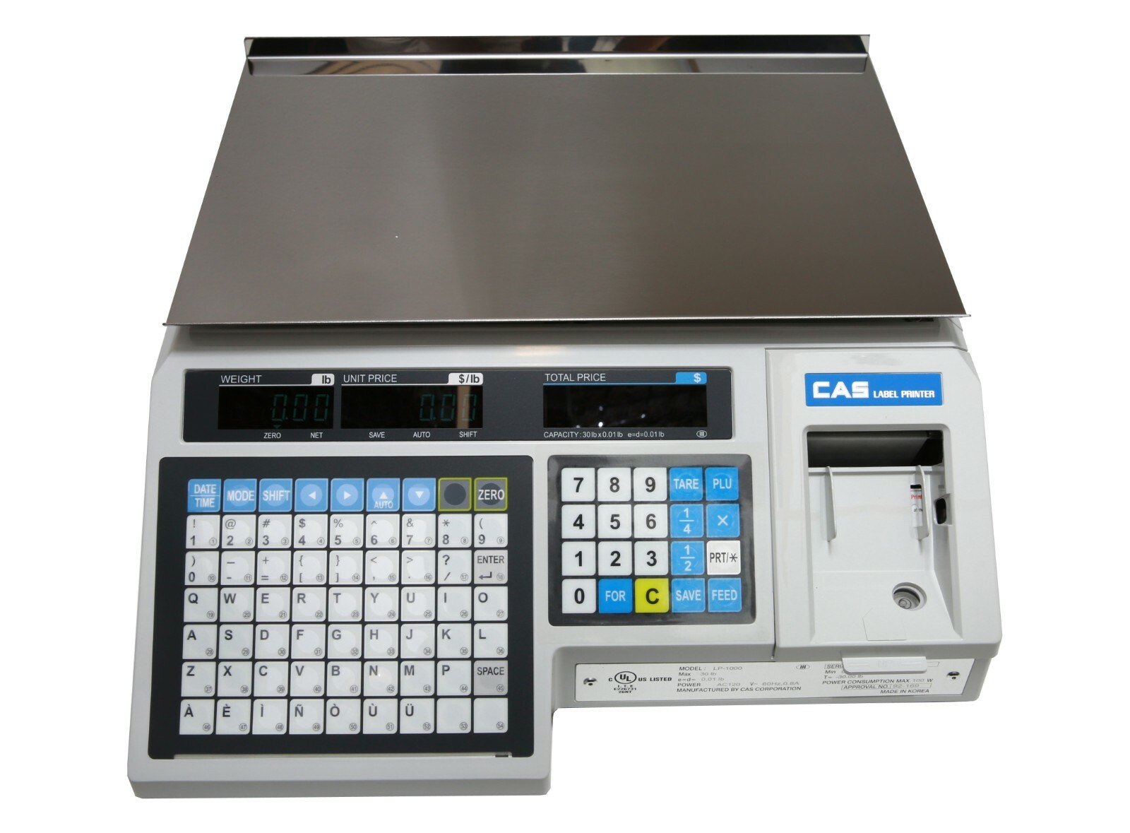 CAS LP1000N Label Printing Scale 30 x 0.01lb NTEP Legal For Trade LP-1000N
