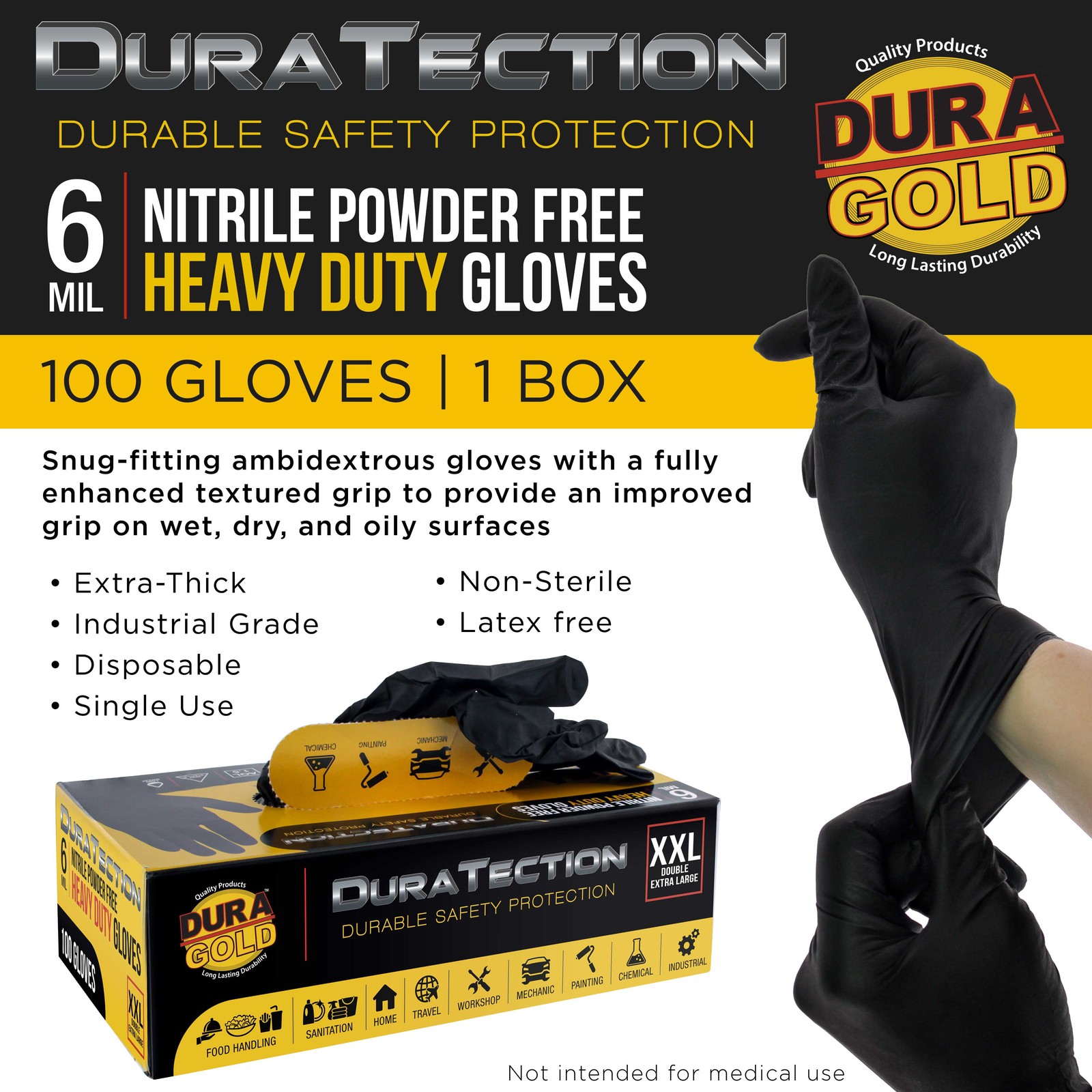 Dura-Gold HD Black Nitrile Disposable Gloves, Box of 100, Size XX-Large, 6 Mil