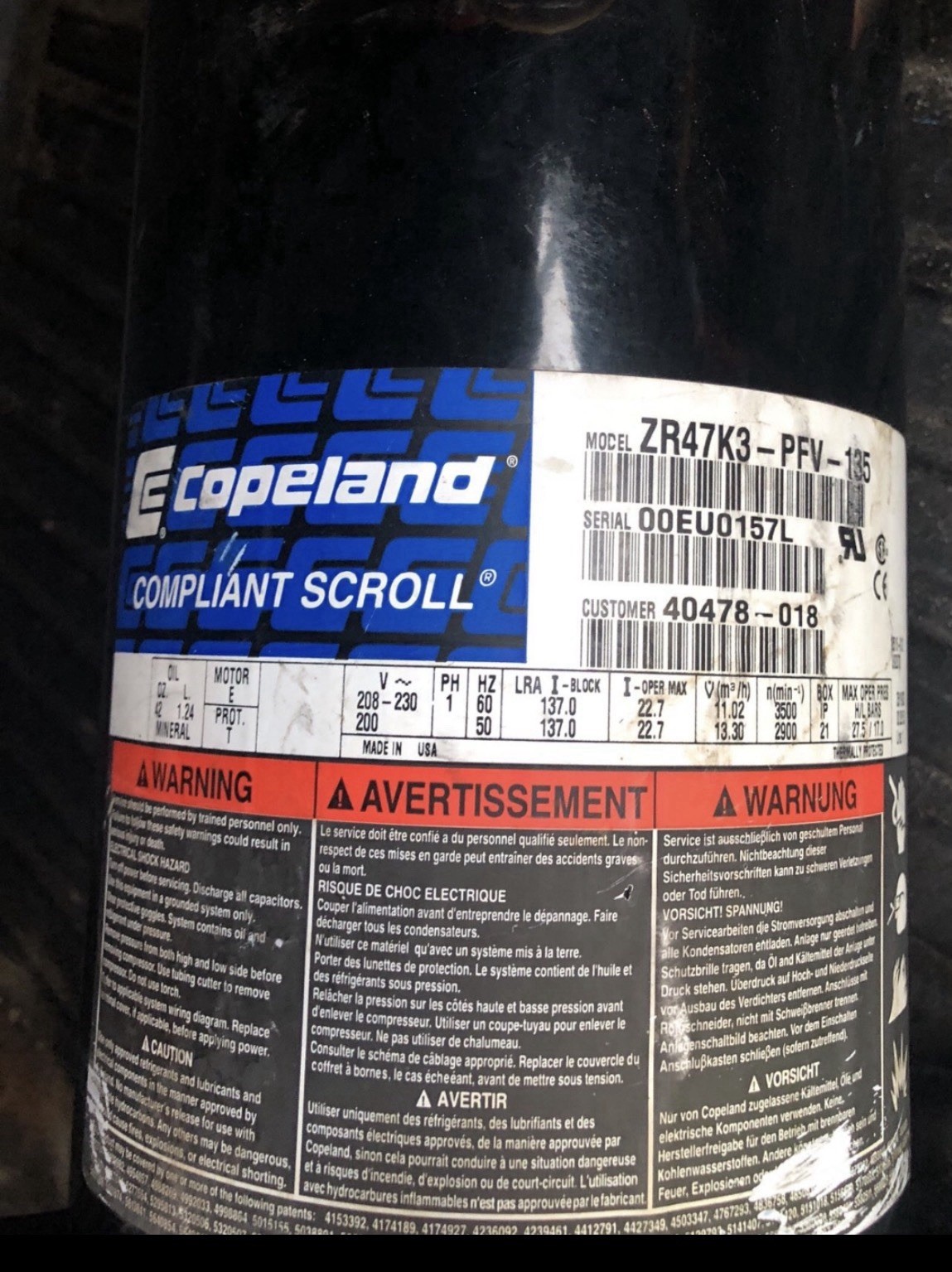 Copeland ZR47K3-PFV-135 Scroll Compressor 208/230V 1PH R22 4-4.9 Ton