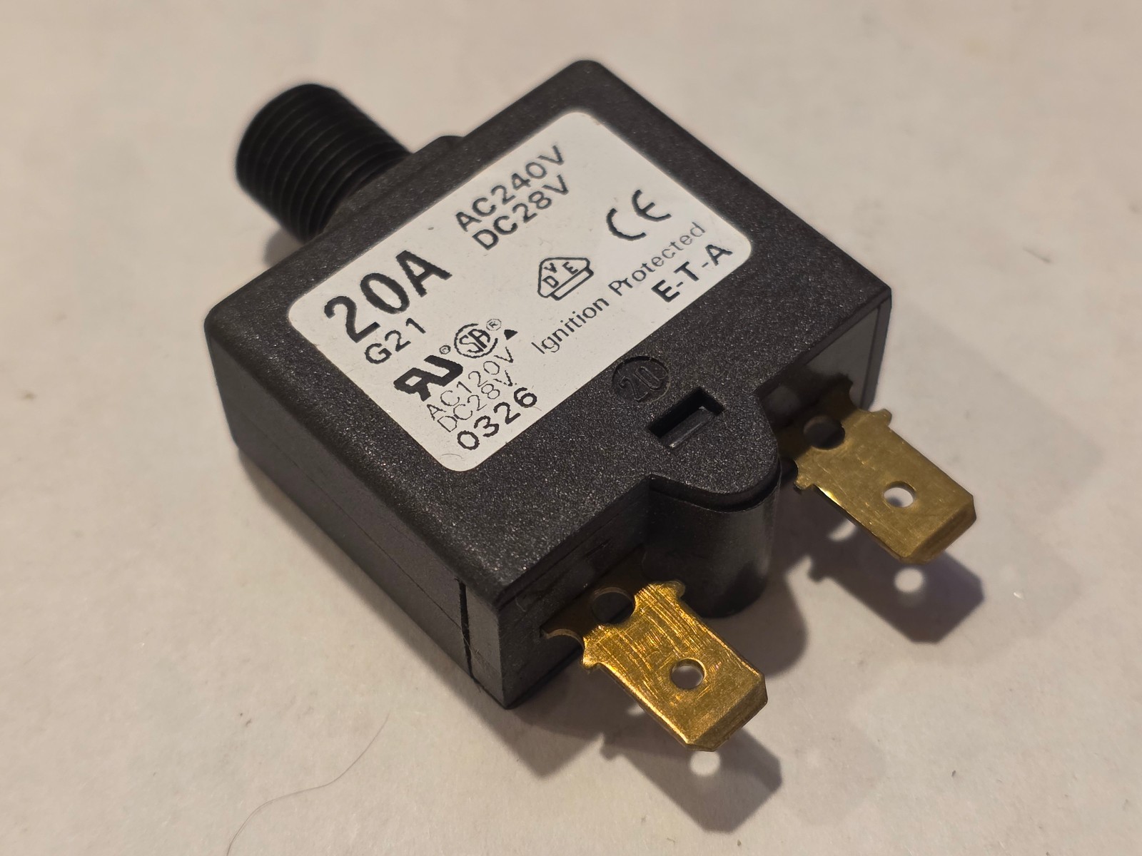 (2 pcs) E-T-A Circuit Breaker 1658-G21-00-P10-20A, 20A, Bass 106-1093-020 (NOS)