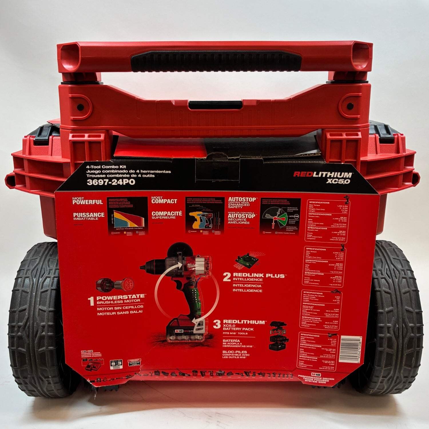 New Milwaukee 3697-24P0 M18 18V 4-Tool Combo Kit Packout Rolling Tool Box