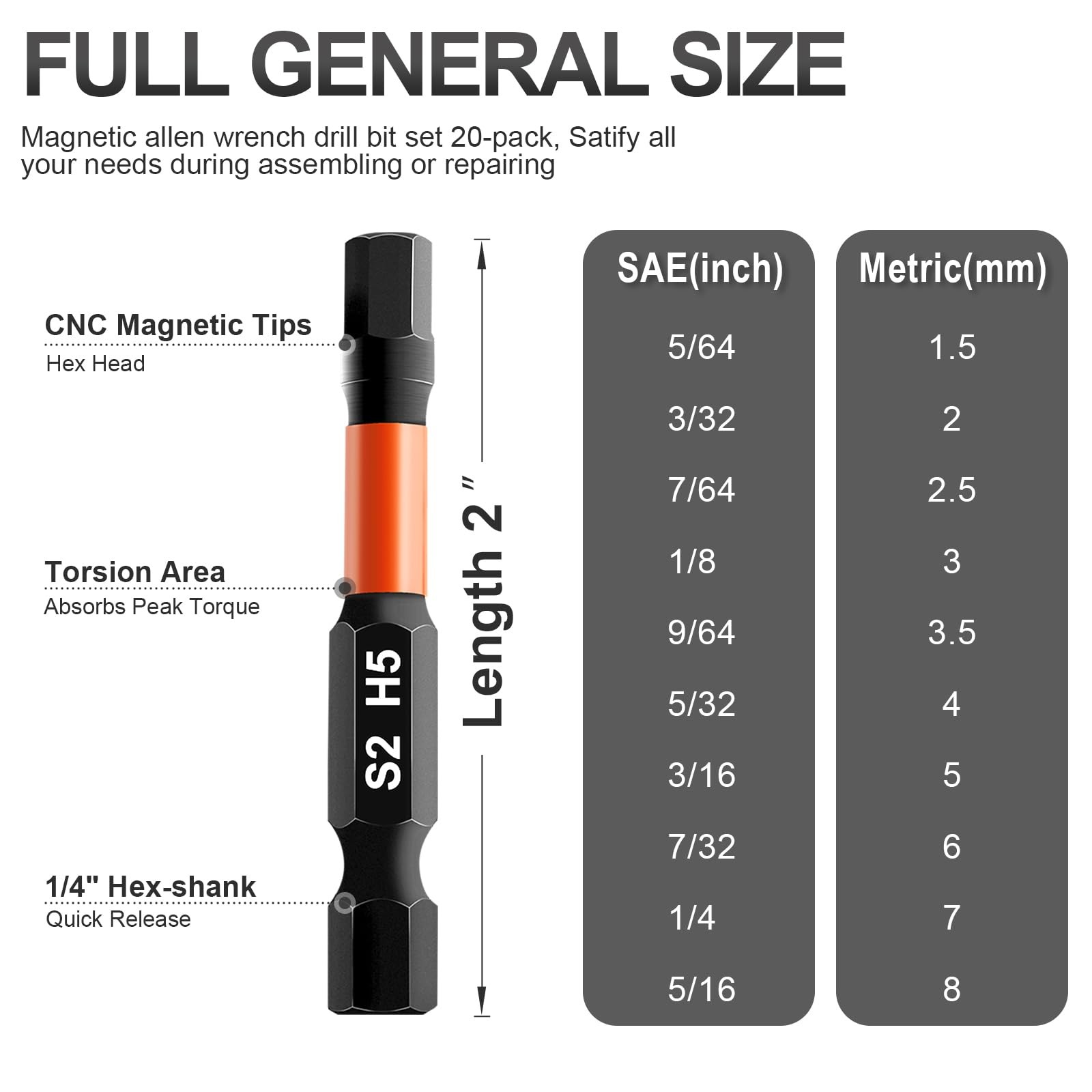 20PCS Hex Bit Set Impact Allen Wrench Drill Bits Metric SAE S2 Steel FROM USA