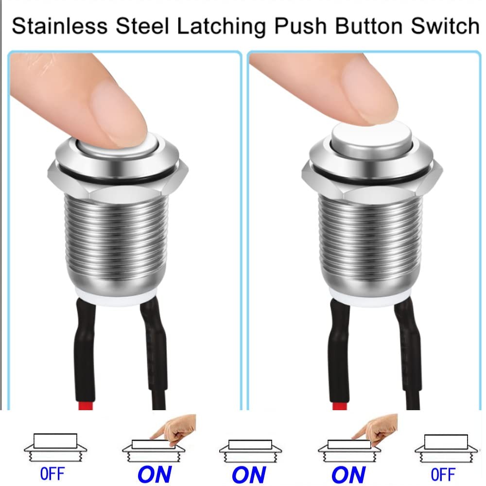 Gebildet 3 Pcs 12mm Prewired High Head Waterproof Push Button SS-Latching
