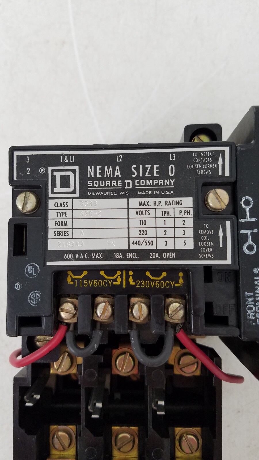 8536SBG-2 Square D Size 0 Motor Starter 115V – 230V Coil + Type SB-8 Power Pole