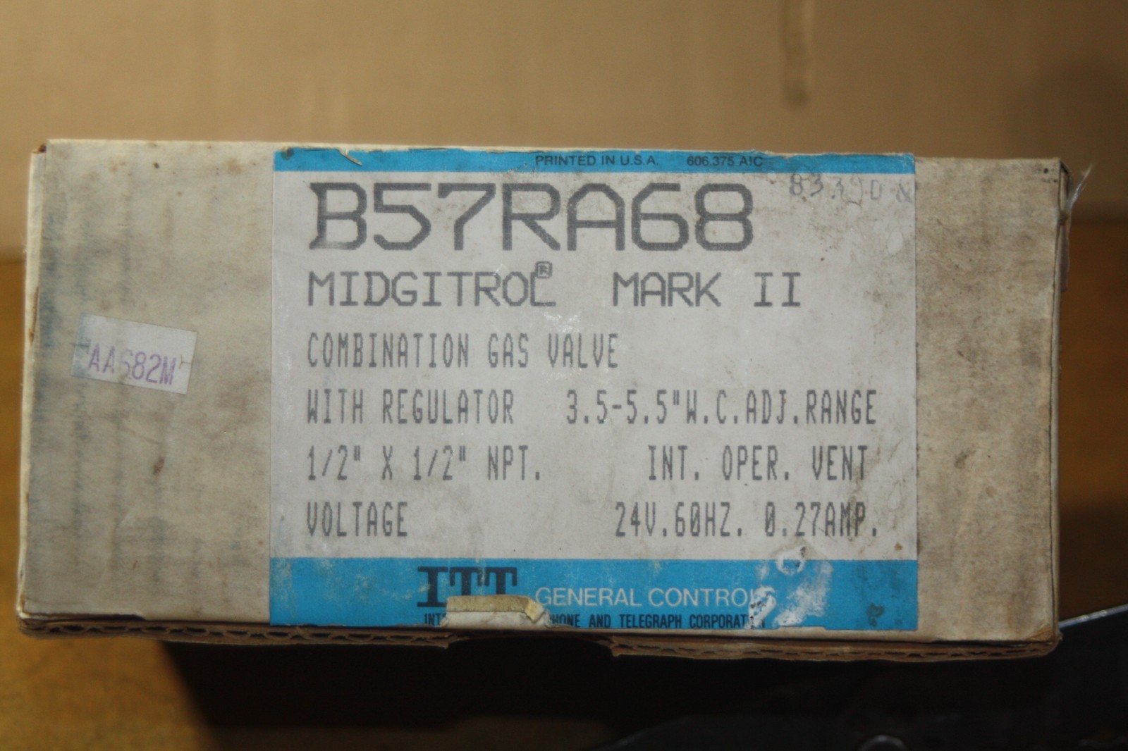 NOS ITT B57RA68 Midgitrol Mark II 24V Combination Gas Valve w/ Regulator