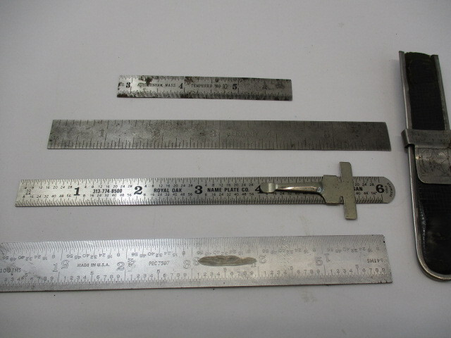 (3) 6″ Scales (1) 3″ Cut Down Ruler (3) Old Scale Sleeve Holders for Rulers VGC