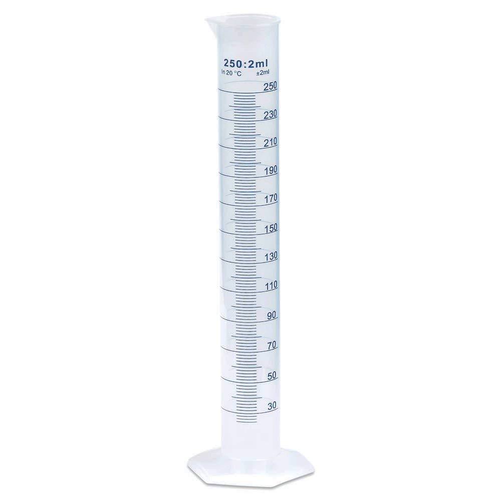 250ml Graduated Cylinder, PP, Blue Printed Graduations, Karter Scientific