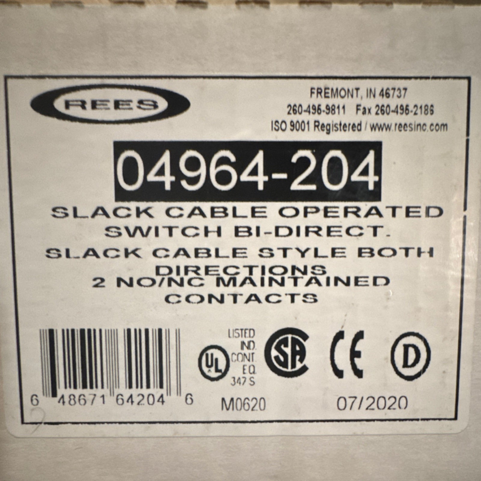 REES 04964-204 Slack Cable Pull Switch 2 NO/NC Maintained Contacts Control Panel