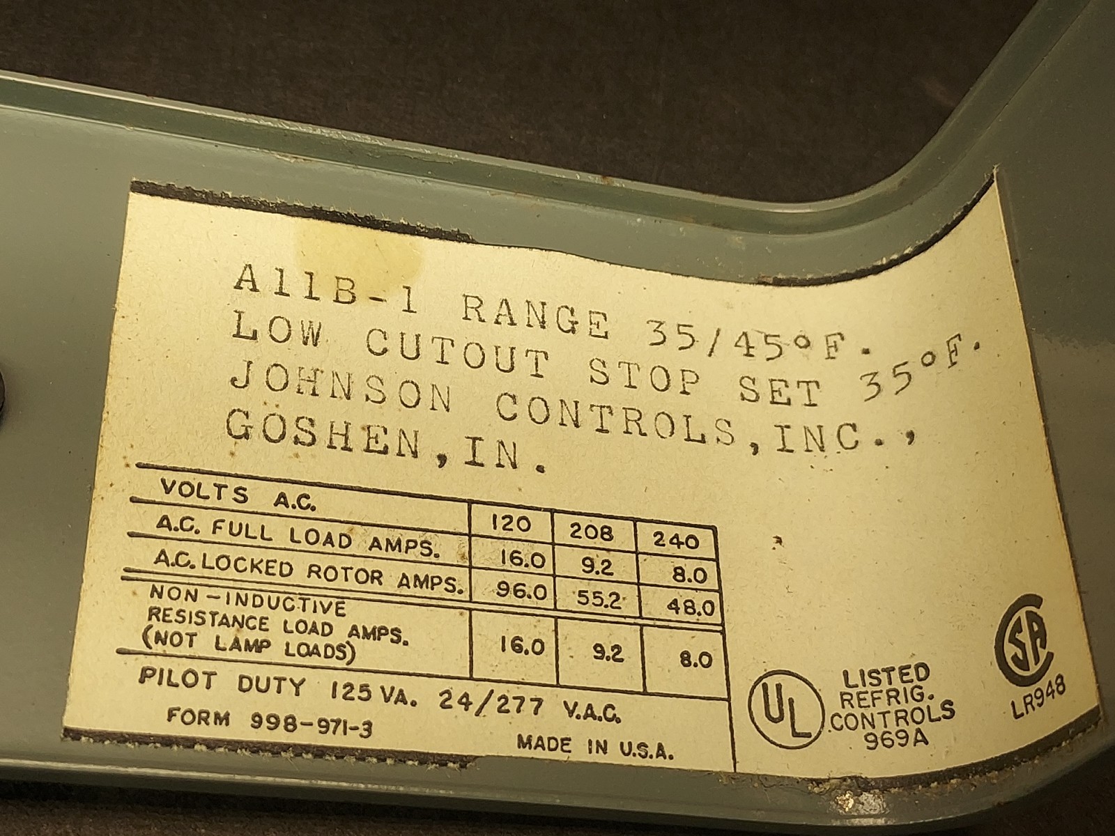 Penn Johnson Controls A11B-1 Low Temp Cutout Control Range 35°-45°F