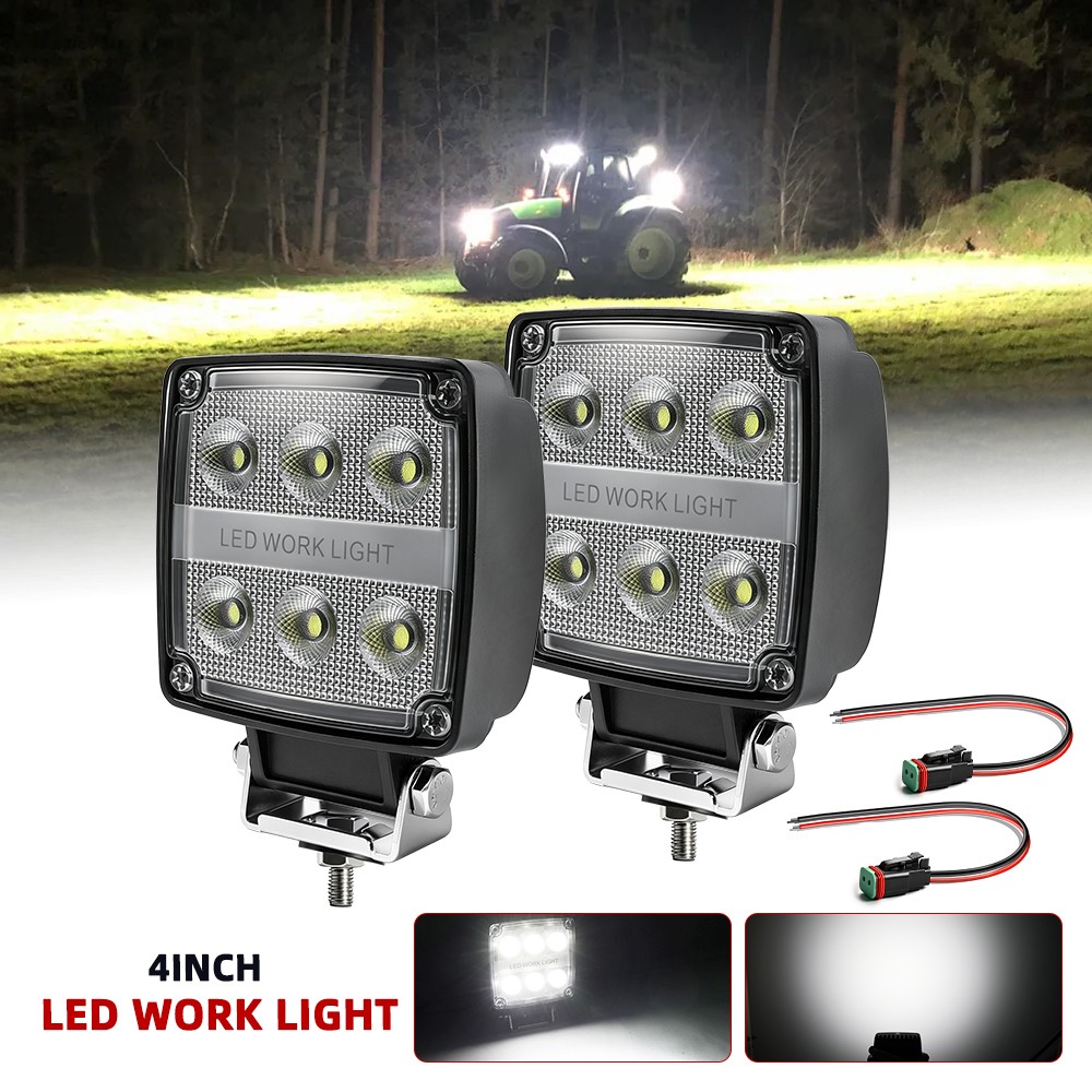 2PCS Square LED Work Light Pods 4 Inch Flood Light Truck Offroad Tractor 12V 24V