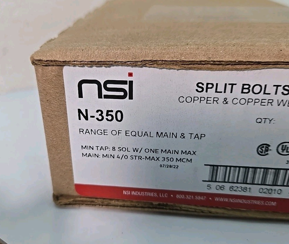 NSI INDUSTRIES N-350 MCM Copper Split Bolt Connector 4/0 AWG – NEW in Box
