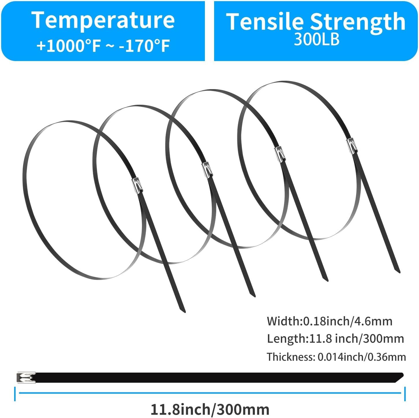 Black Metal Zip Ties Stainless Steel Zip Tie Heavy Duty Exhaust Wrap Ties 100PCS