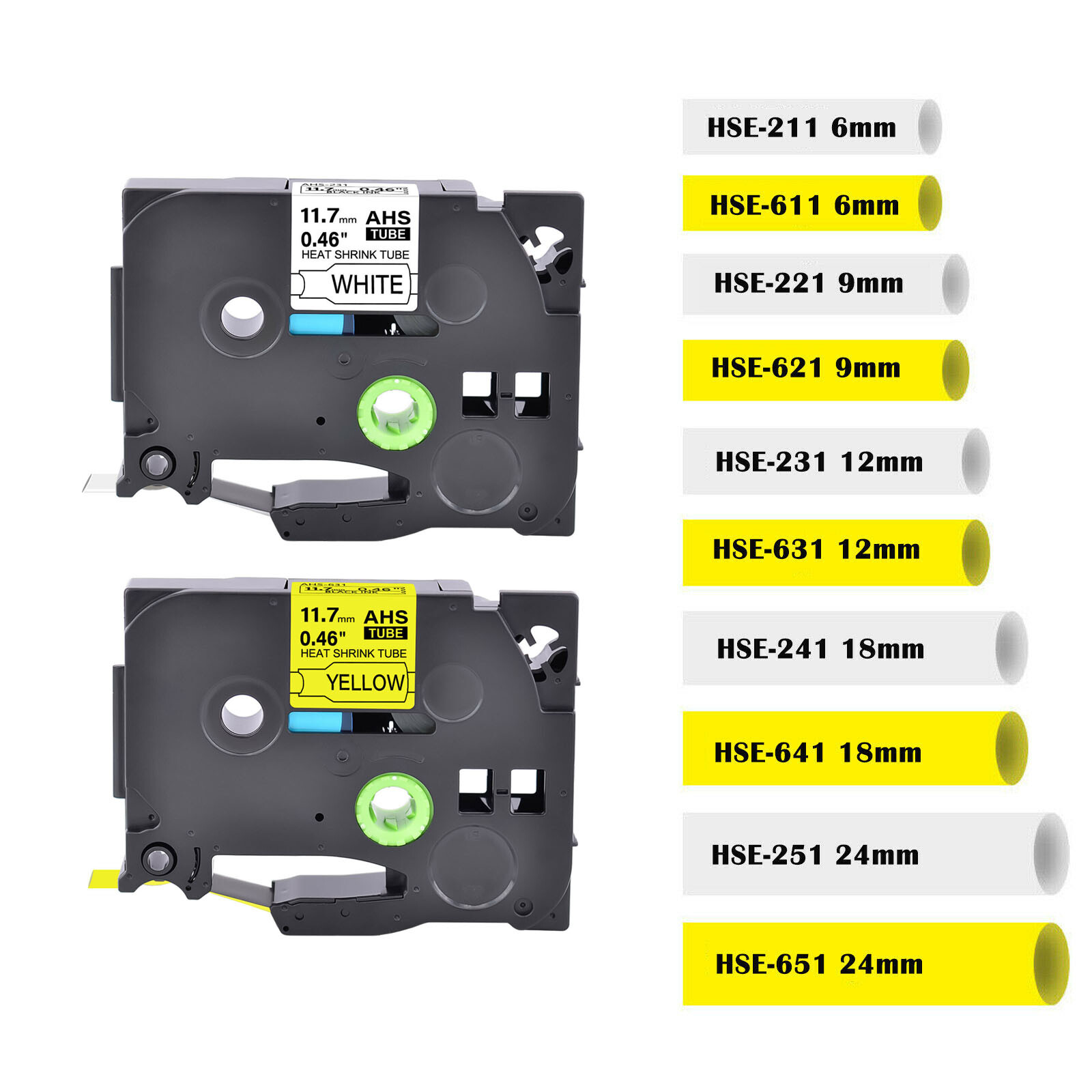 Black Ink White Yellow Heat-Shrink Tube Compatible with Brother HSe 211 221 231