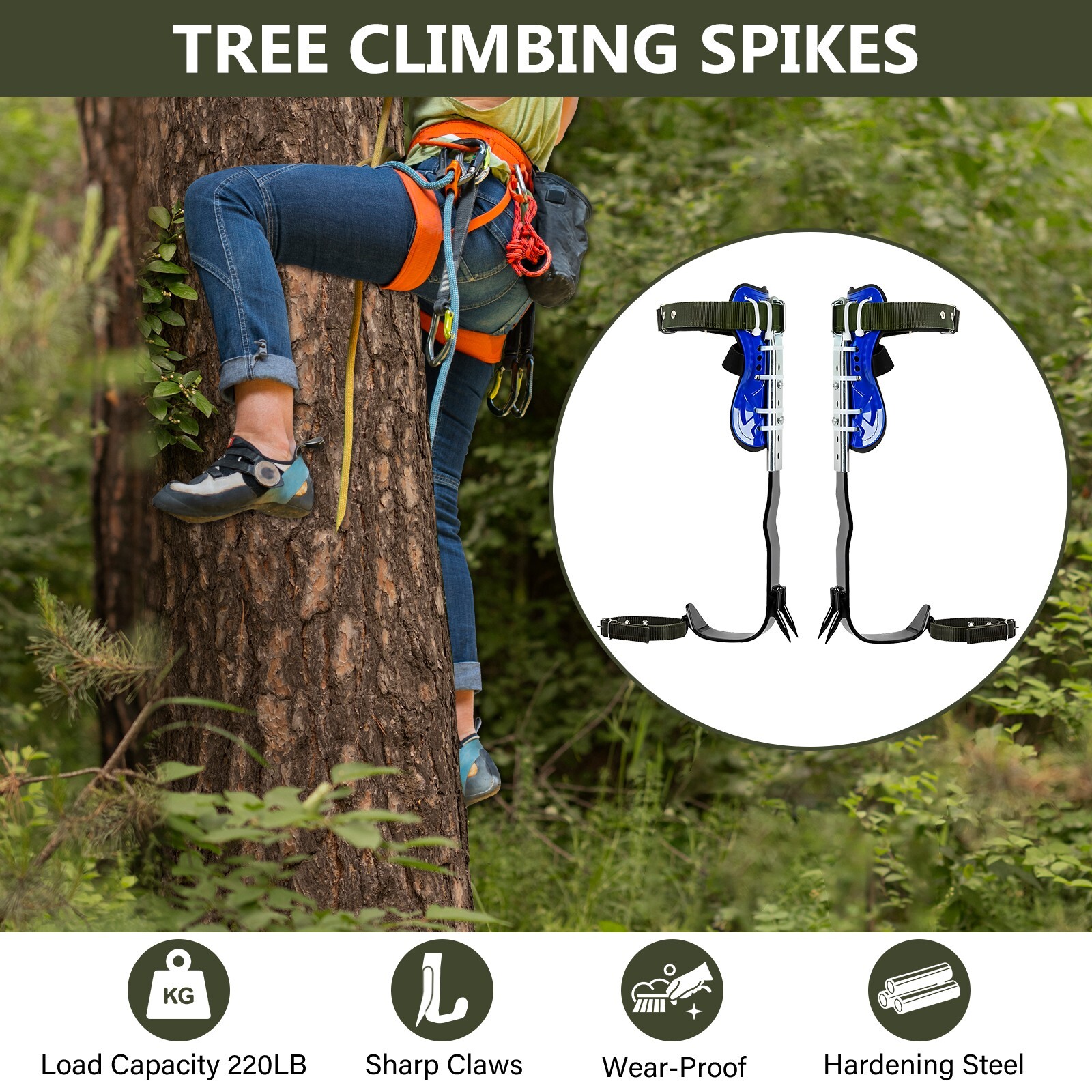 Tree Climbing Spikes Adjustable Height Pole Tree Climbing Spurs Steel w/2 Gear