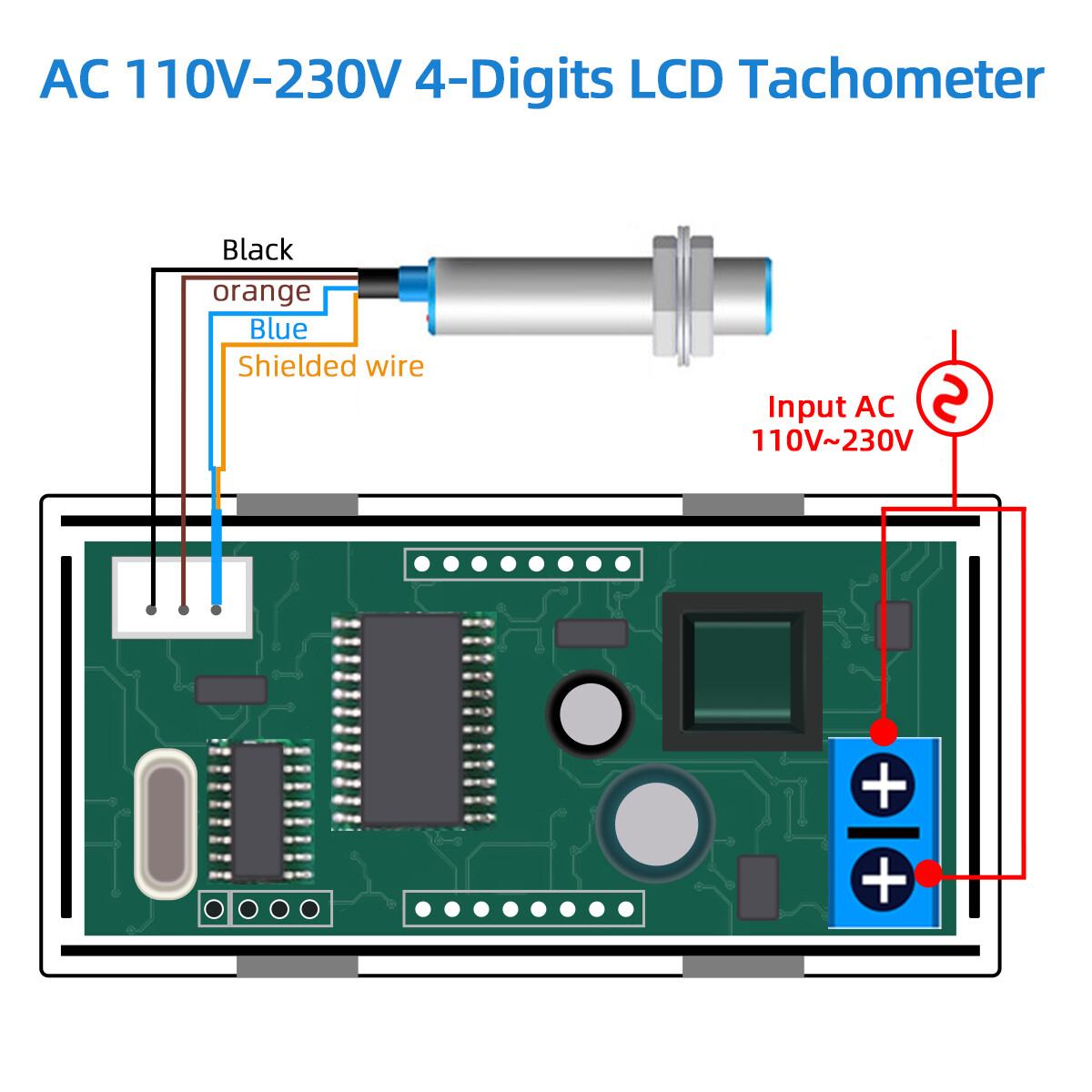 AC 110V-230V DC 8-24V Digital Tachometer RPM Motor Speed Meter Hall Sensor NPN