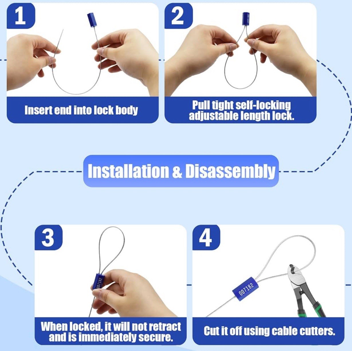 100 PCS Security Cable Seals Numbered Tamper Proof Security Tags, Blue Steel