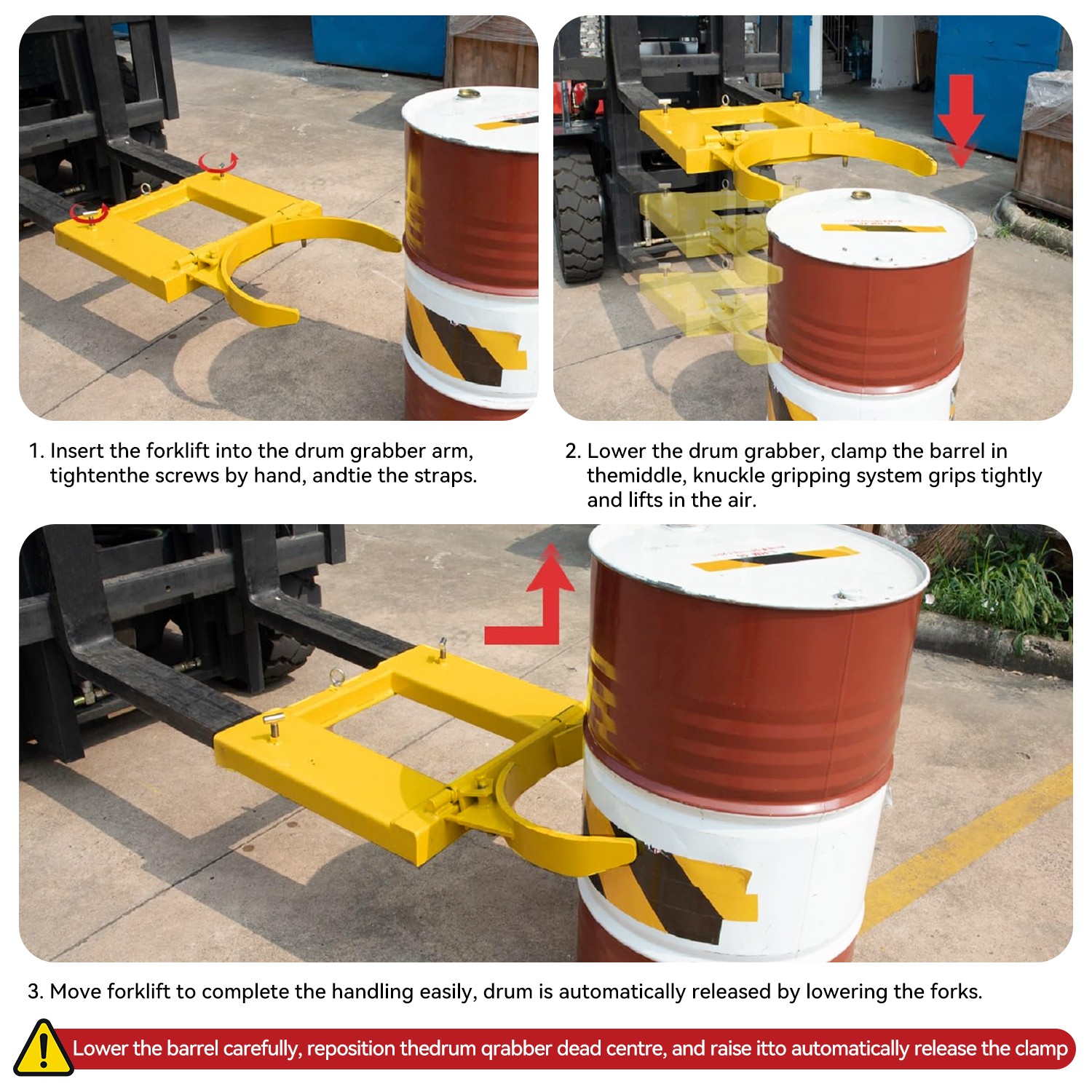 Drum Grabber 1500lb Capacity Single Fork Mounted Drum Gripper Hinged Folding Arm