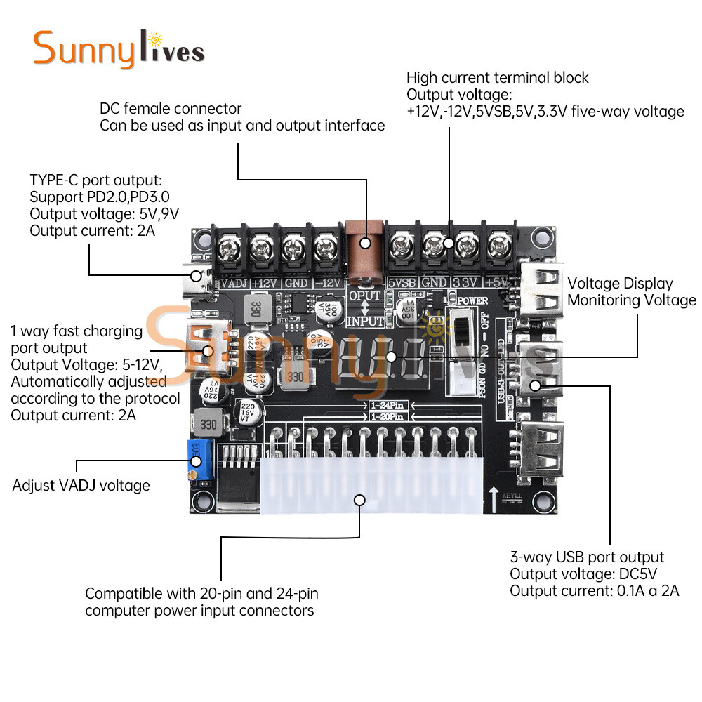 20Pin 24Pin ATX Power Supply Breakout Board Adjustable Voltage Module + Case DIY