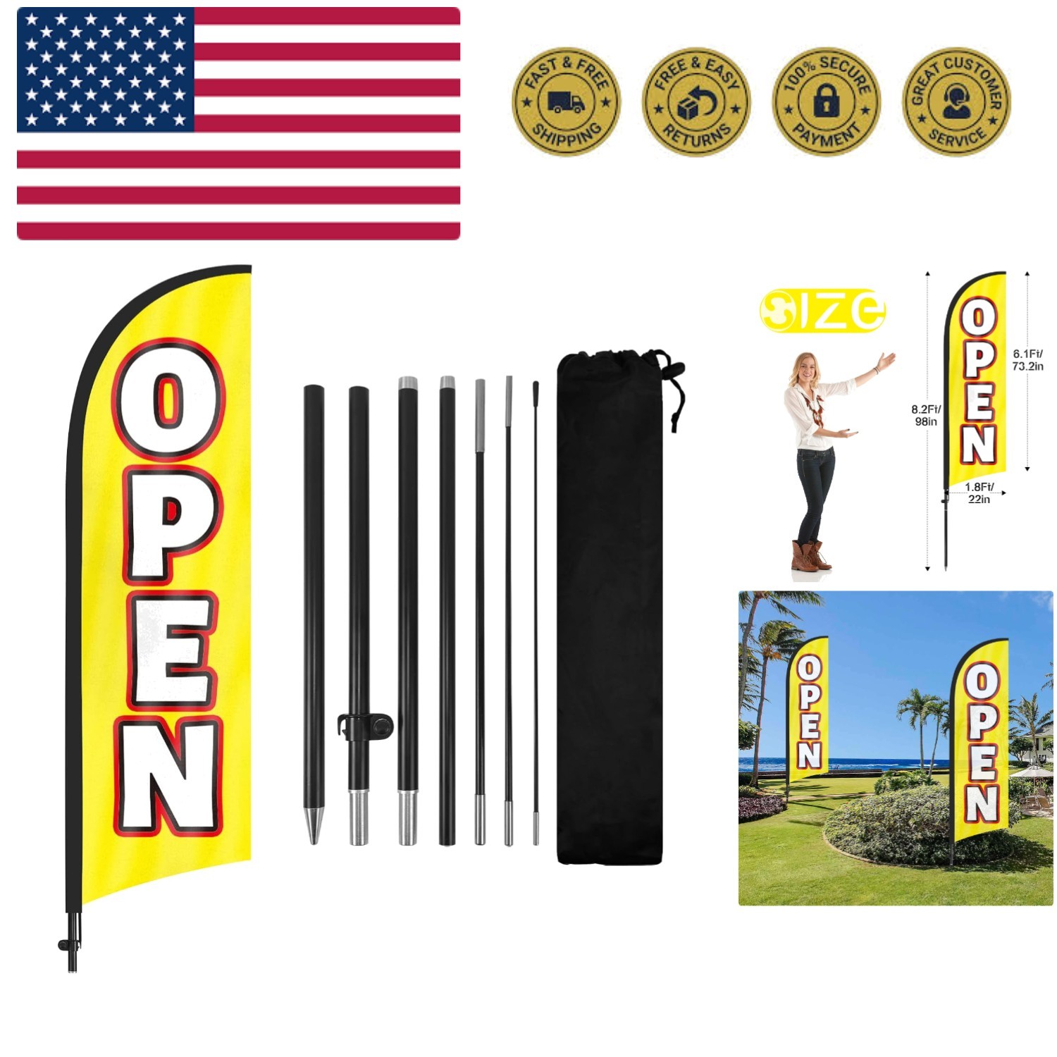 Open Feather Flag with Pole and Ground Stake, 8FT Swooper Advertising Banner …