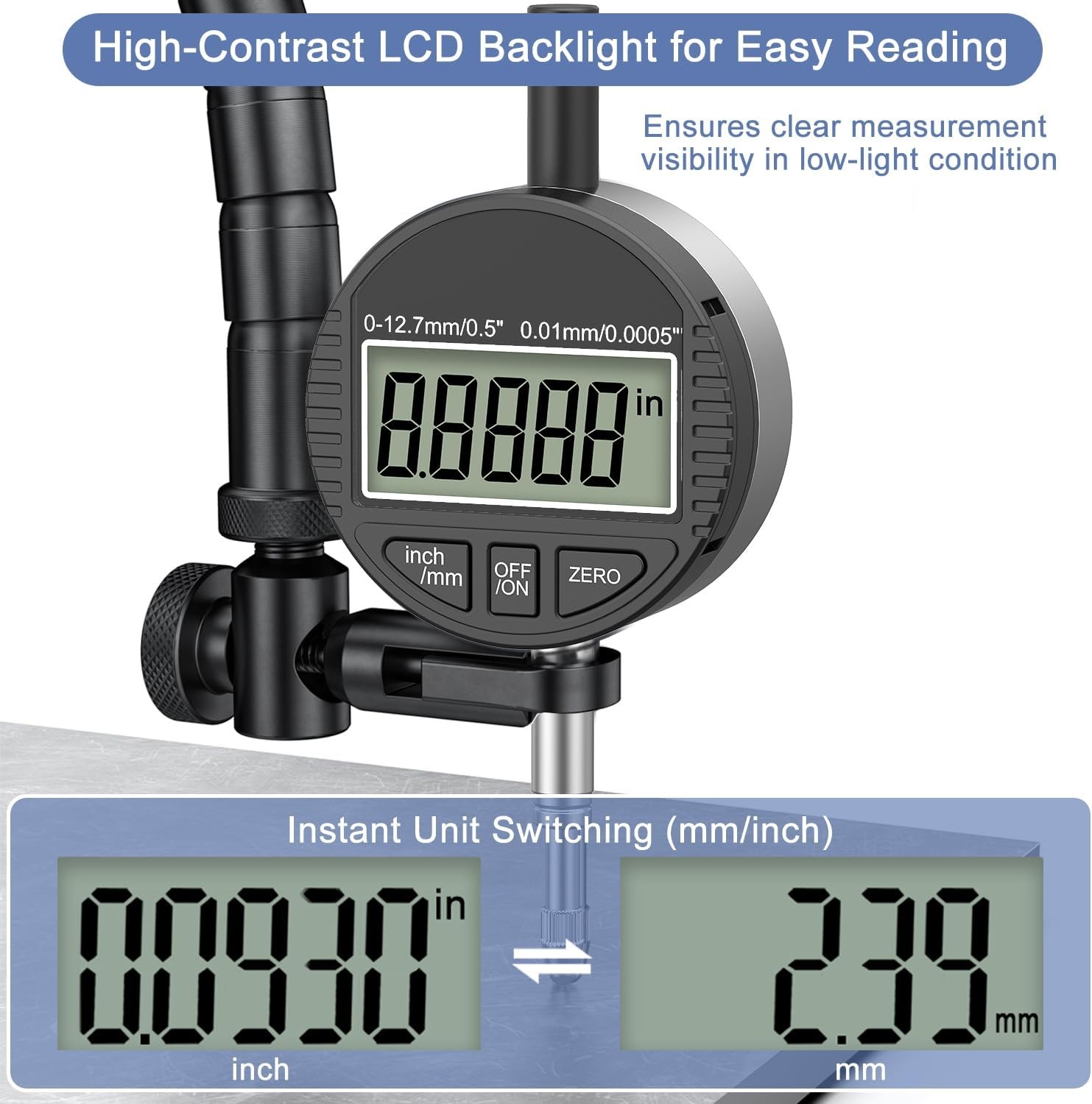 HDLNKAK Digital Dial Indicator Gauge 0.5″/12.7mm,Resolution:0.0005»/0.01mm | El