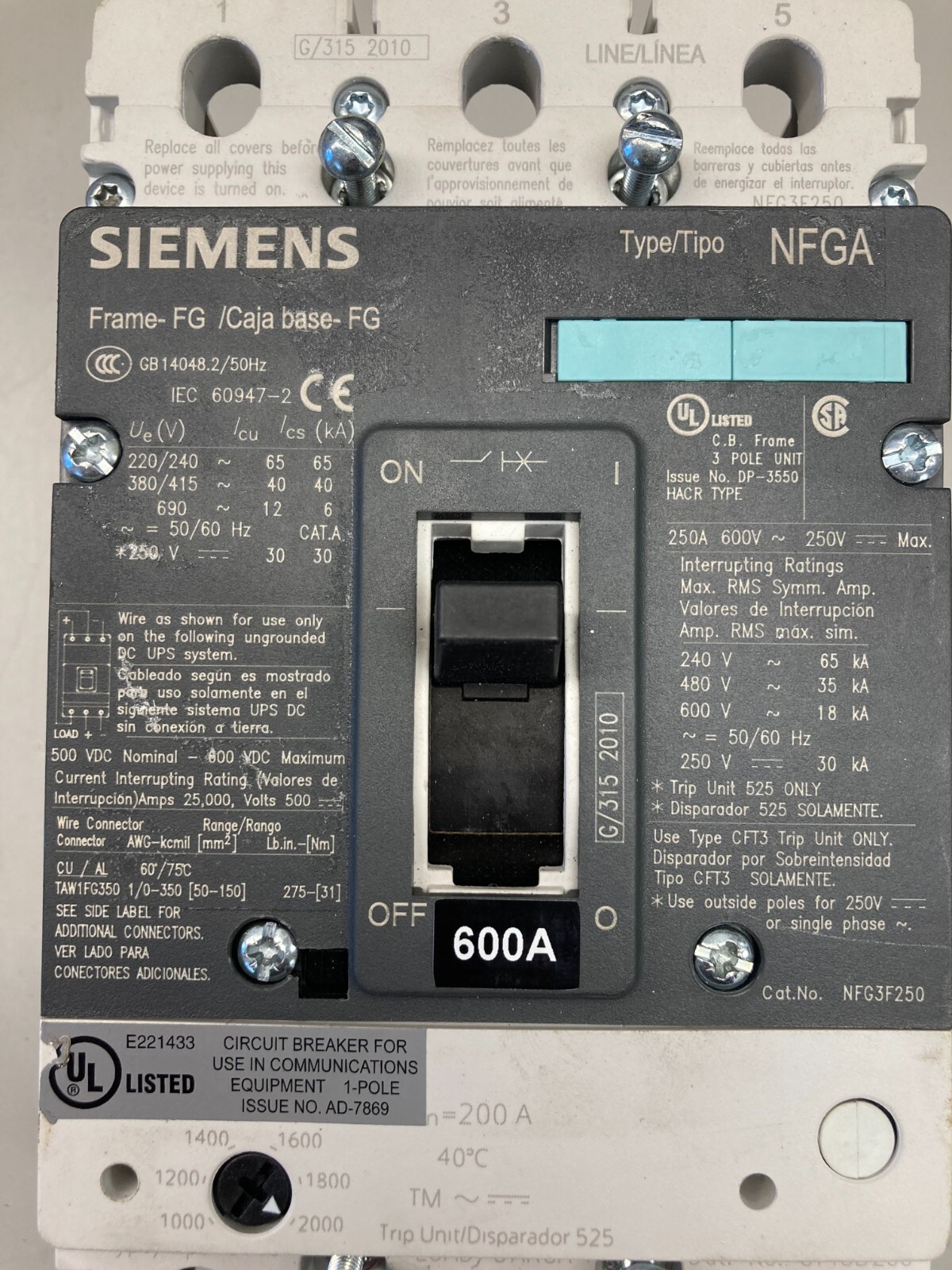 Siemens Frame-FG Type NFGA Circuit Breaker, nfg3f250, 250A, 600V 3vl3125 WB Used