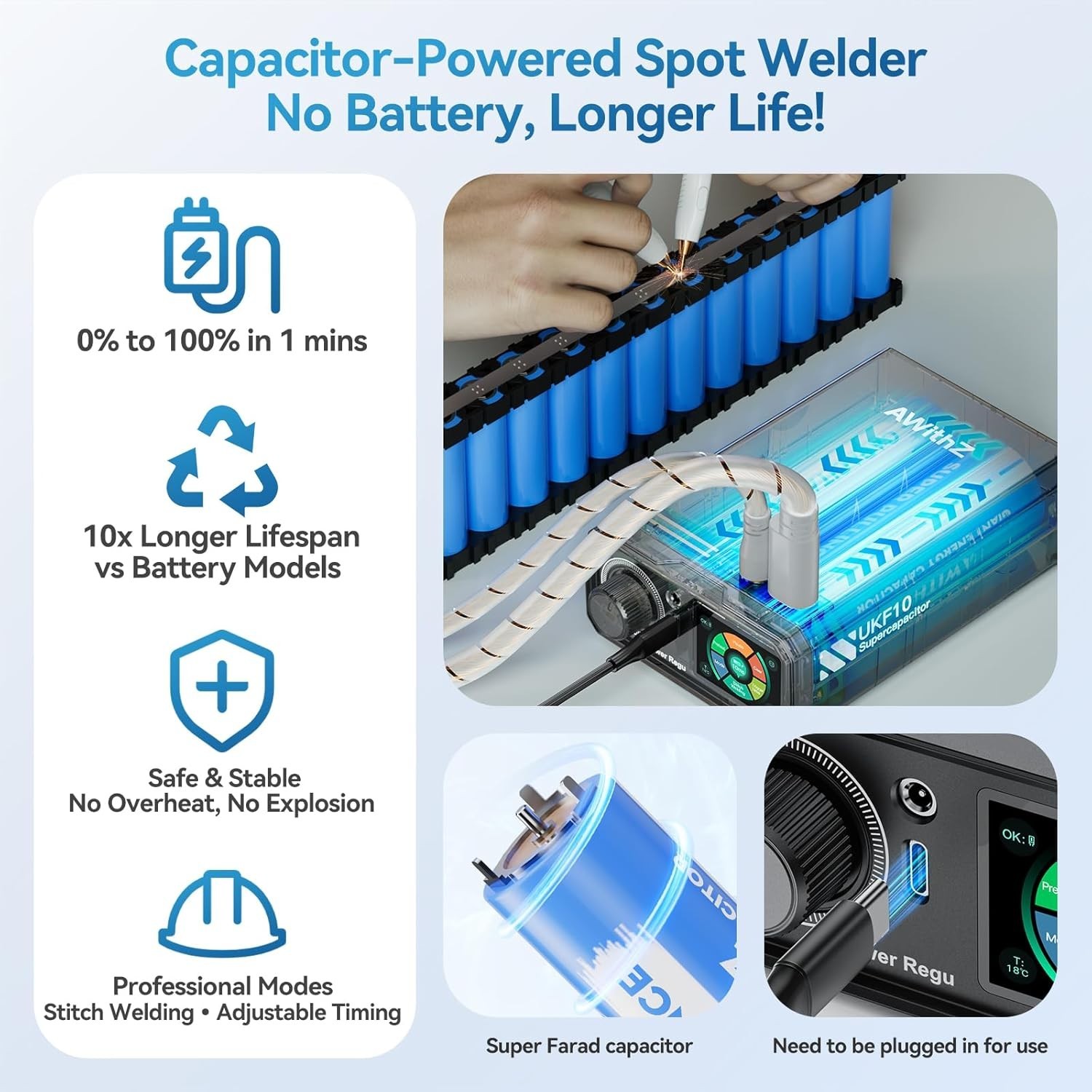 AWithZ 10.2KW Super Capacitor Spot Welder Machine 100 Gears Adjustable for 18650