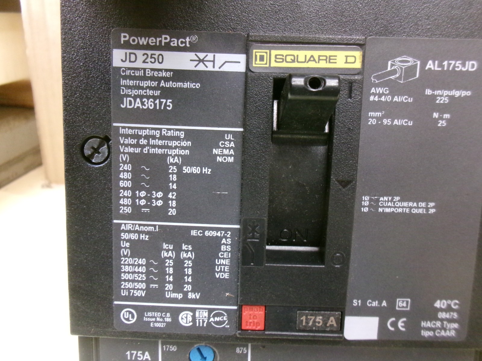 Square D JDA36175 Circuit Breaker 175A , 3P , 600VAC , 250VDC, JD250 PowerPact