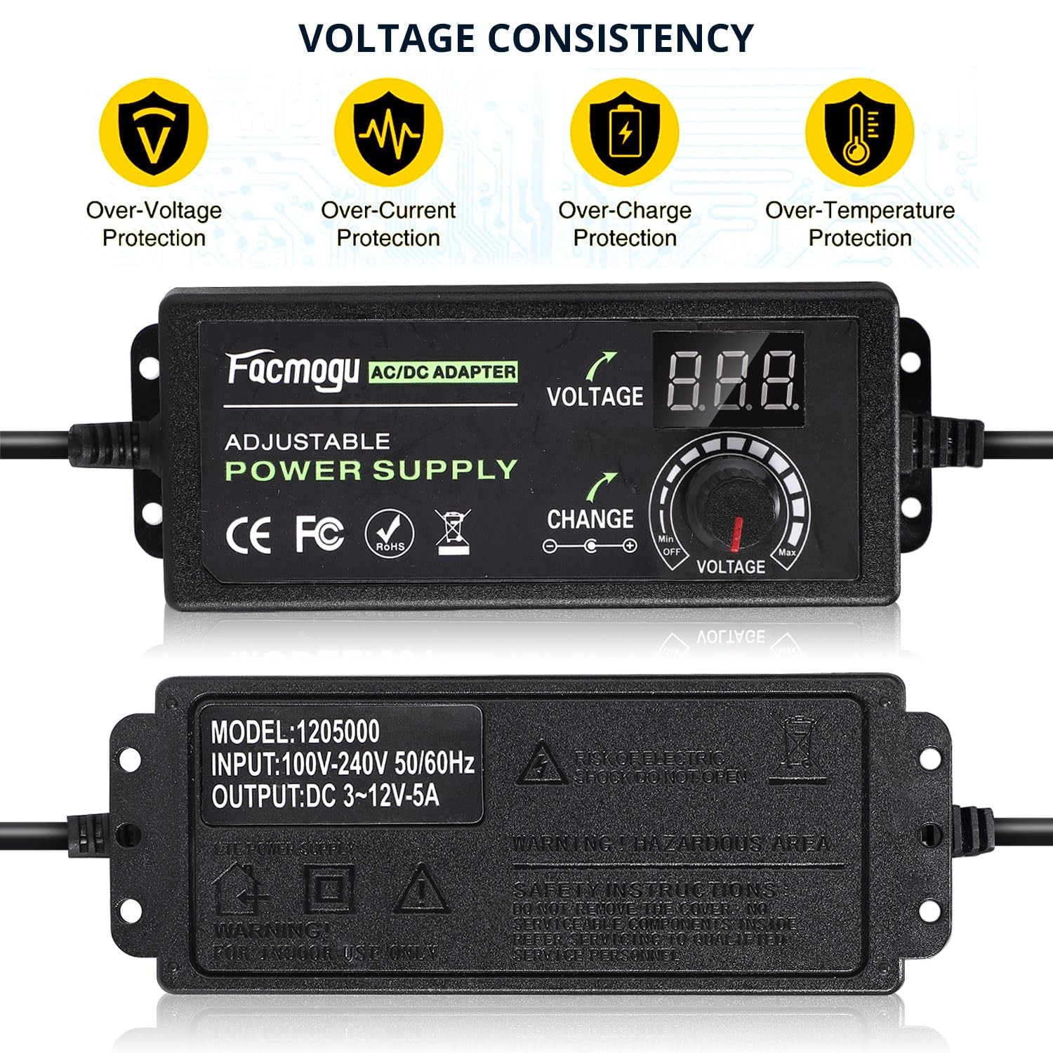 3V-12V 5A 60W Adjustable Power Supply with LED Display, Variable DC 3V 5V 6V …