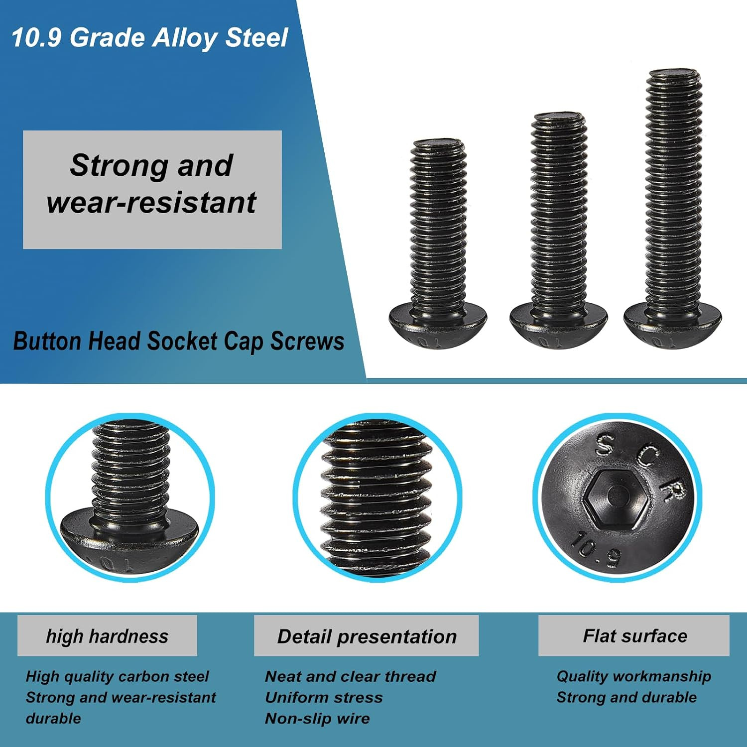 M3 X 20Mm 25Mm 30Mm 35Mm 40Mm Button Head Socket Cap Screws Bolts, 10.9 Grade Al