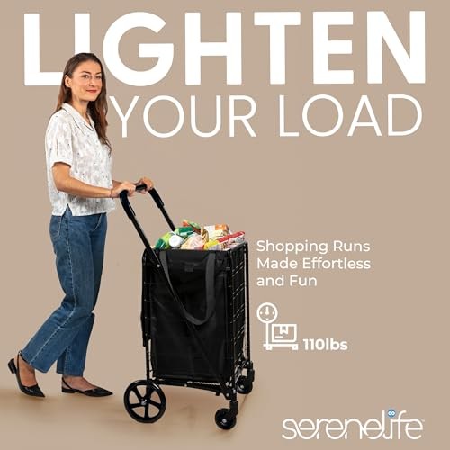 SereneLife Portable Folding Utility Cart with 360° Swivel Wheels (Black)