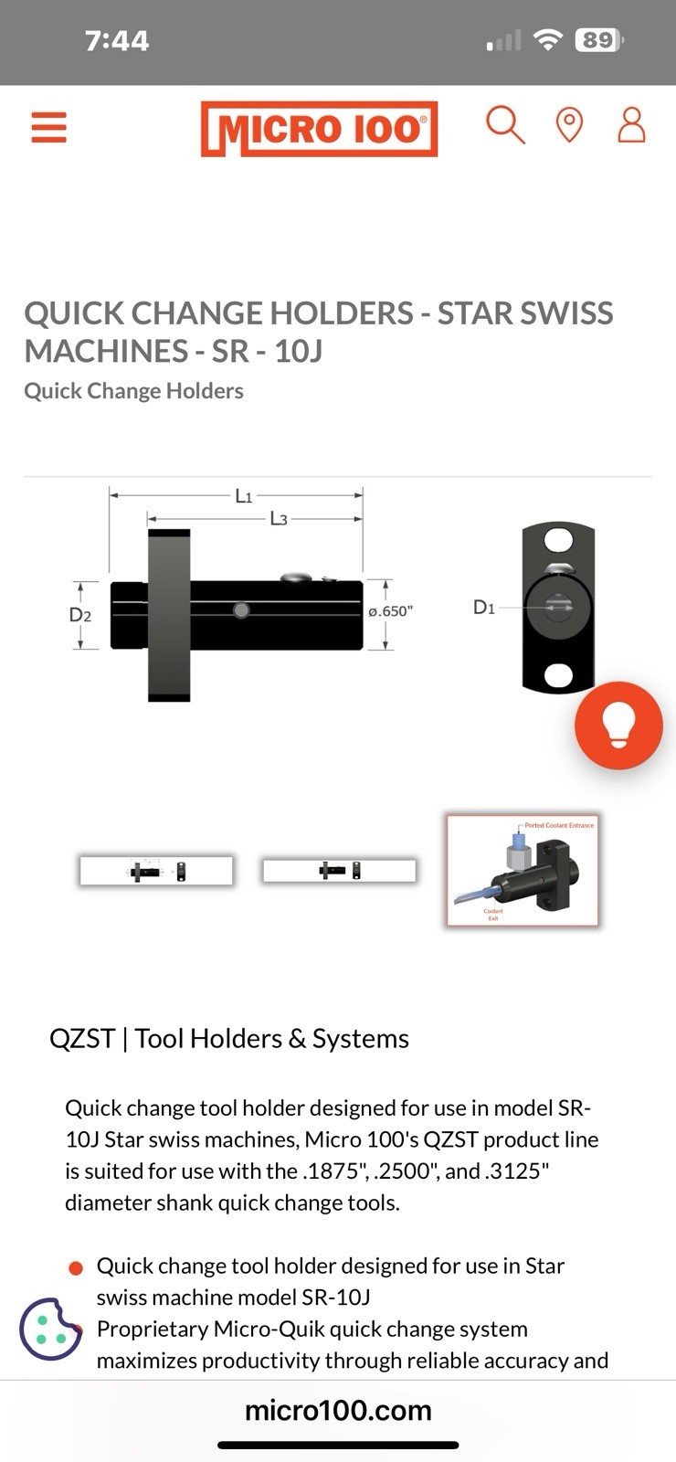 Micro 100 QZST-416L-SR10J. 1/4″ Quick Change Coolant Tool Holder For Star Swiss