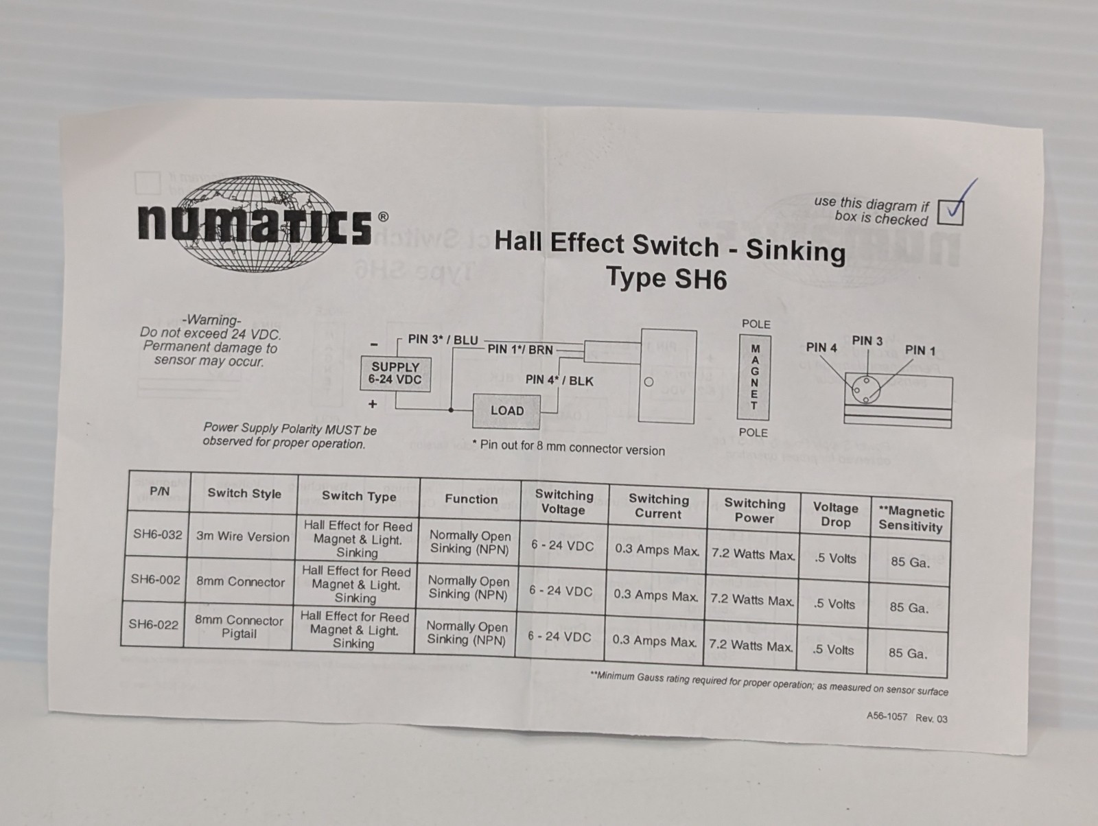 Numatics Type SH6-022 Hall Effect Sinking Switch, New in Original Packaging