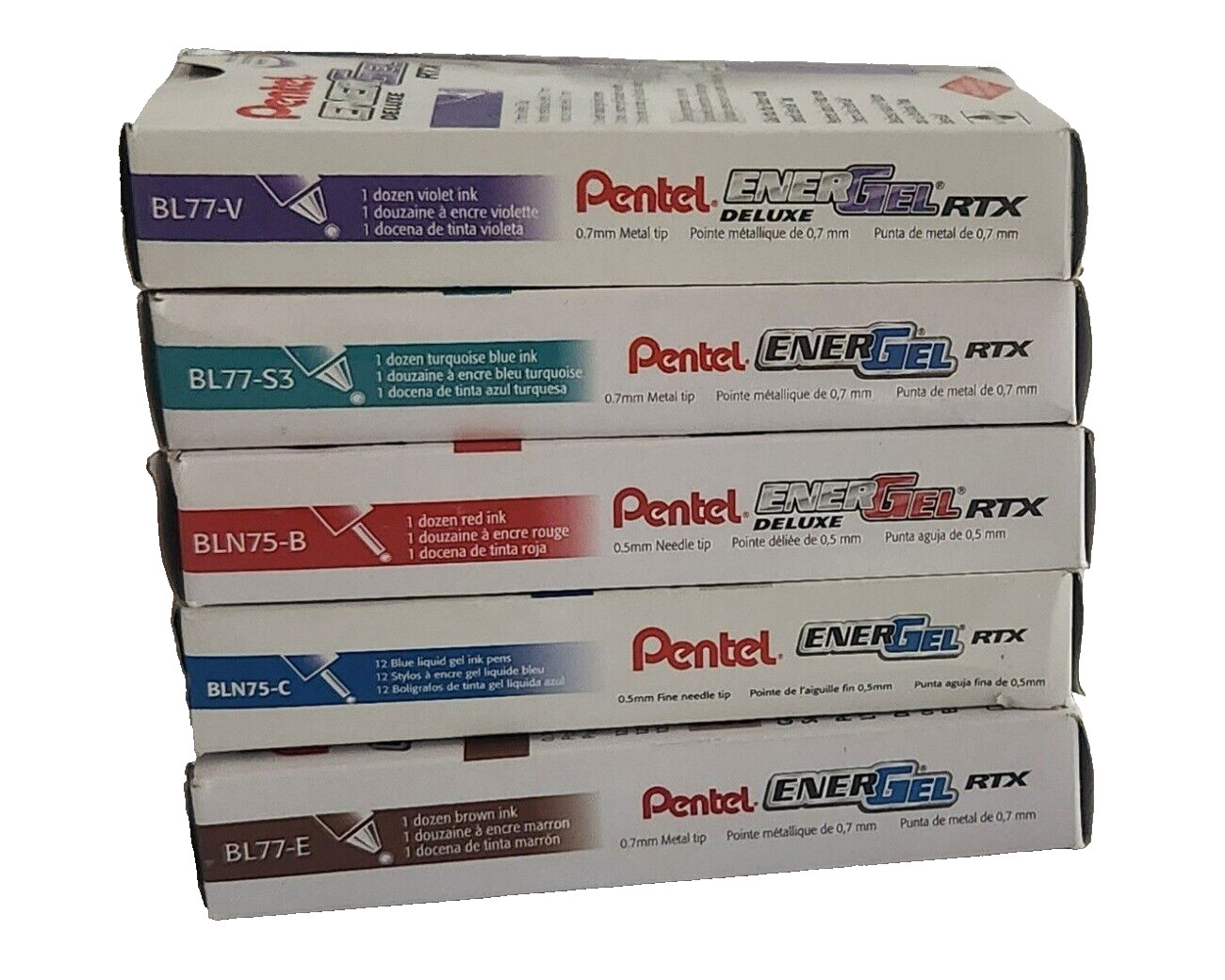 Pentel Deluxe Retractable Gel Pen ENERGEL RTX 5 Color Ink & barrel 5 pack 12=72