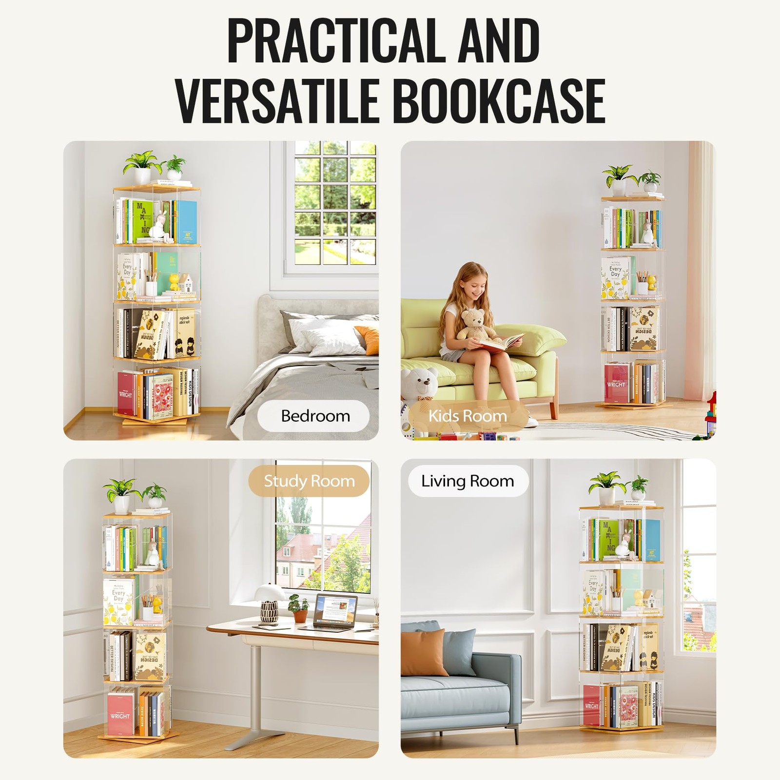 Takekit Rotating Bookshelf 360 Degree Revolving Bookcase 4-Tier Spinning