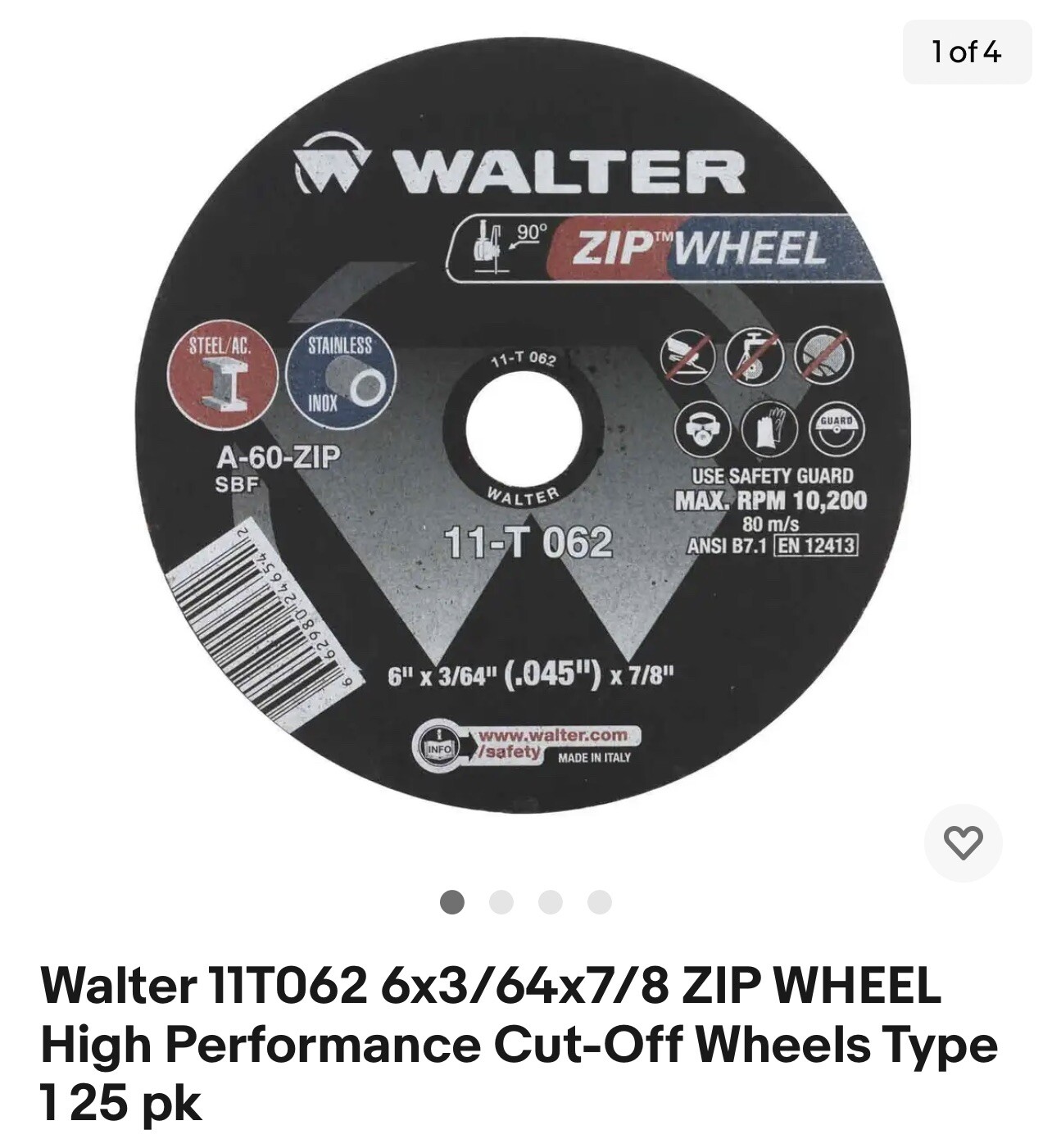 Walter 11T062 6×3/64×7/8 ZIP WHEEL High Performance Cut-Off Wheels Type 1 25 pk