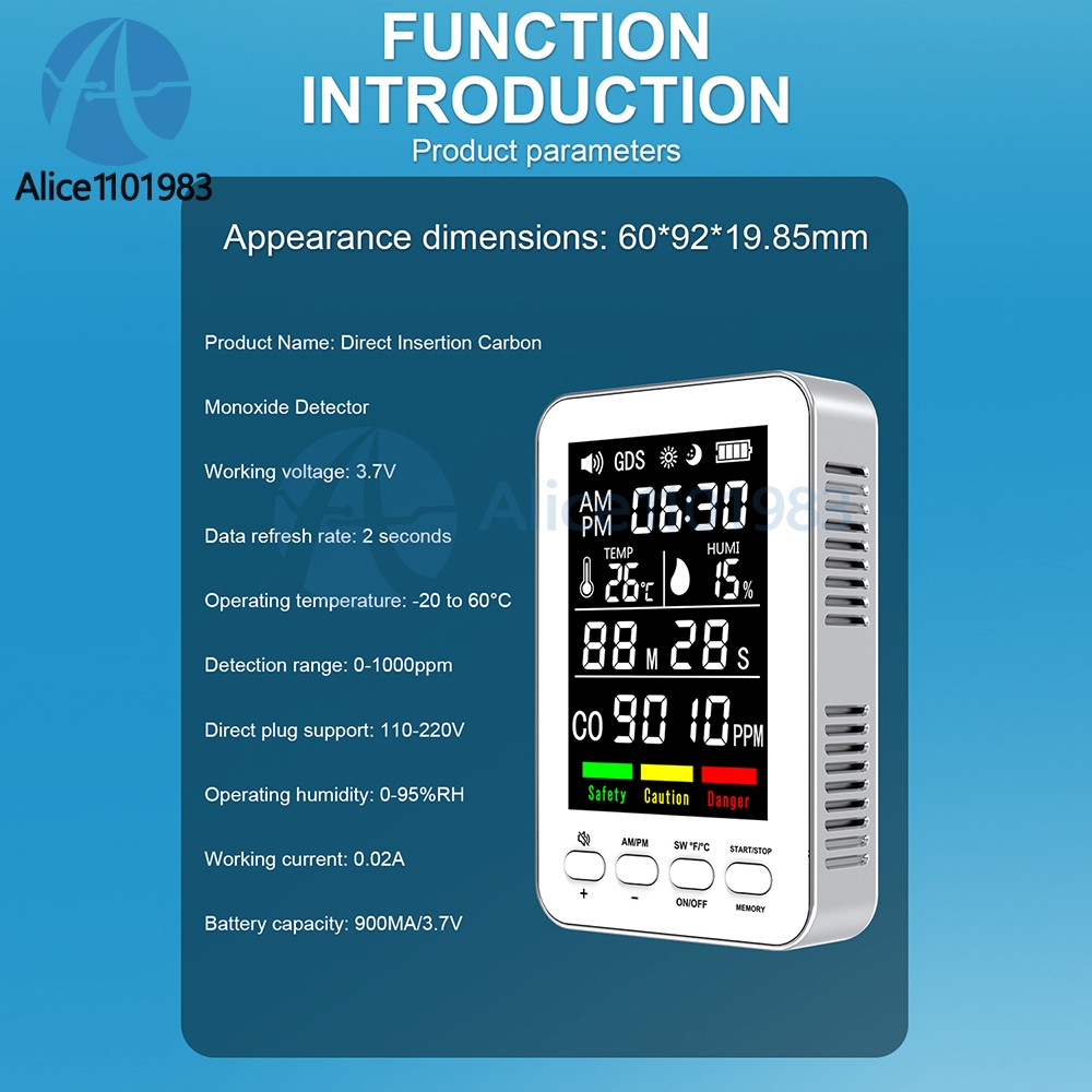 5-in-1 Portable Carbon Monoxide Alarm Temperature Humidity Air quality Tester