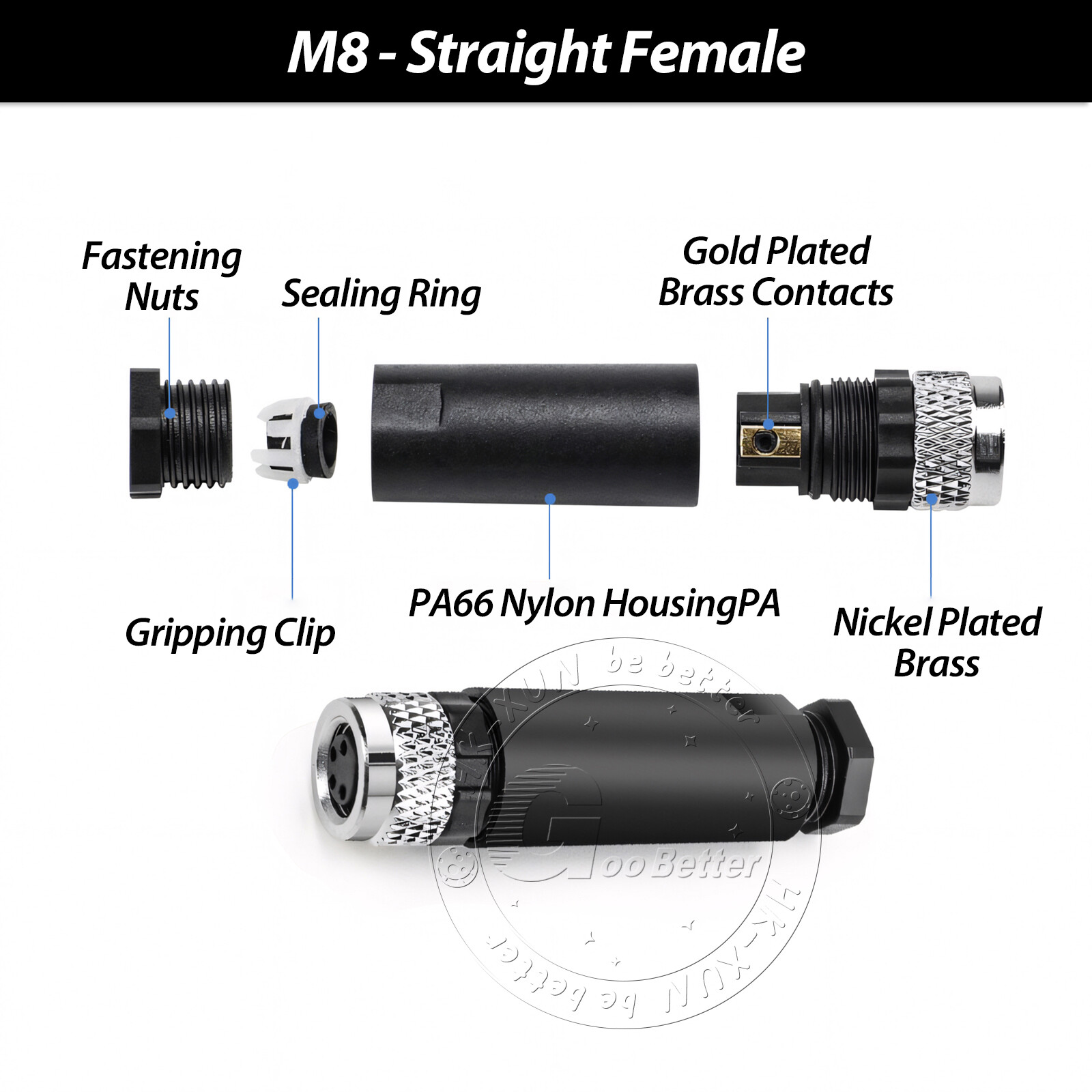 PG7 M8 Sensor Connector 3 Pin / 4 Pin Male / Female Straight / Elbow Plug IP67