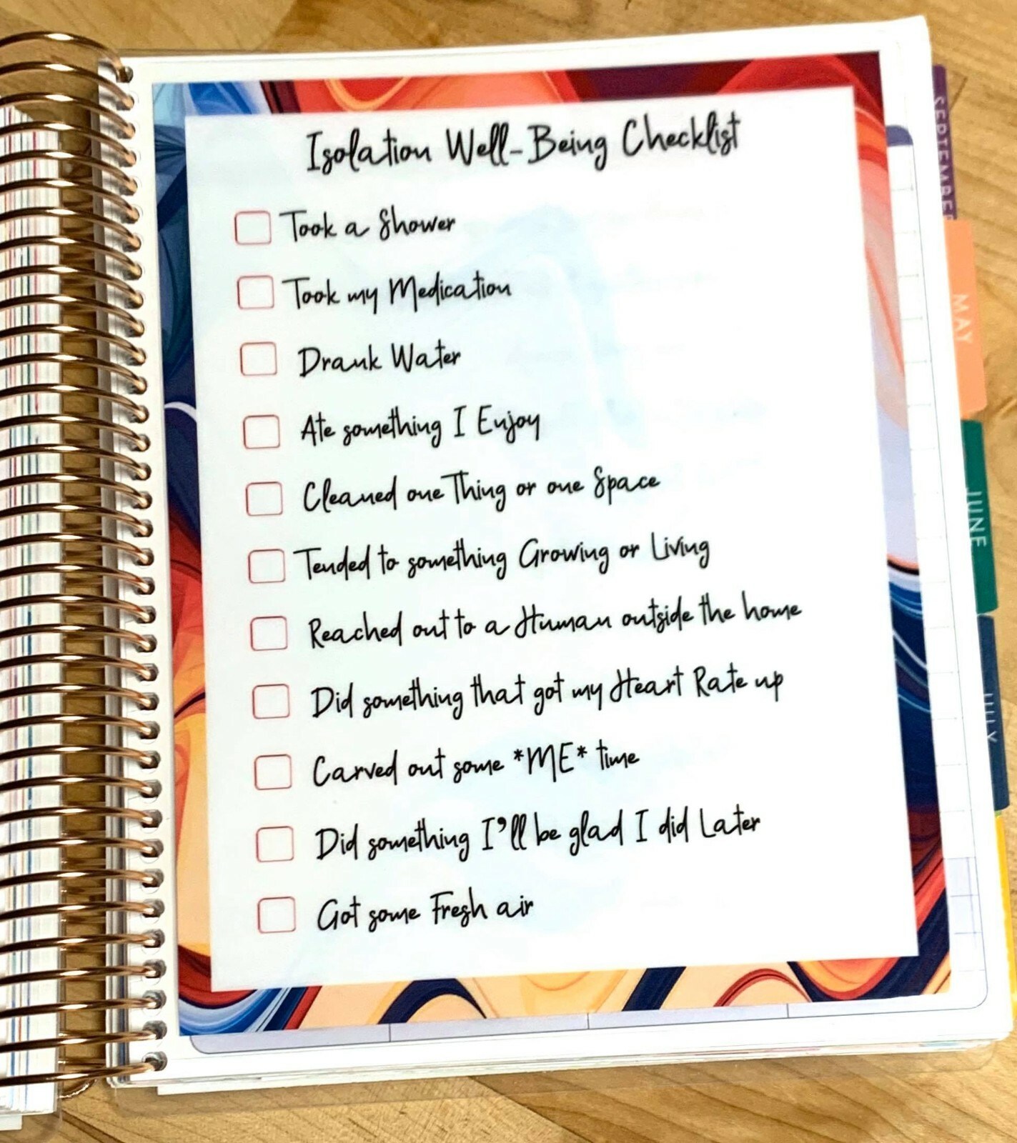 Isolation Well-Being Checklist Dashboard Insert 4 use with Erin Condren Planner