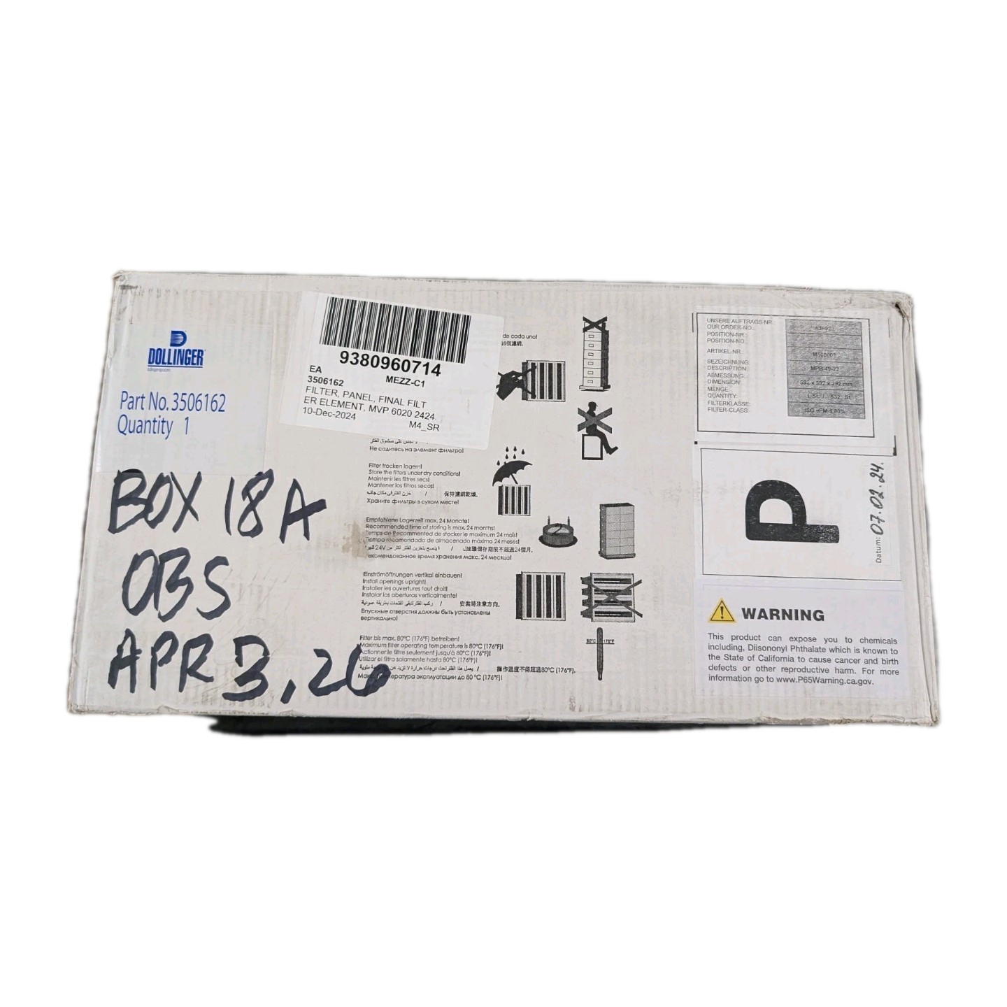 Dollinger SPX 3506162 MVP-6020-2424 TURBO KLEEN Final Panel Filter Element NIB