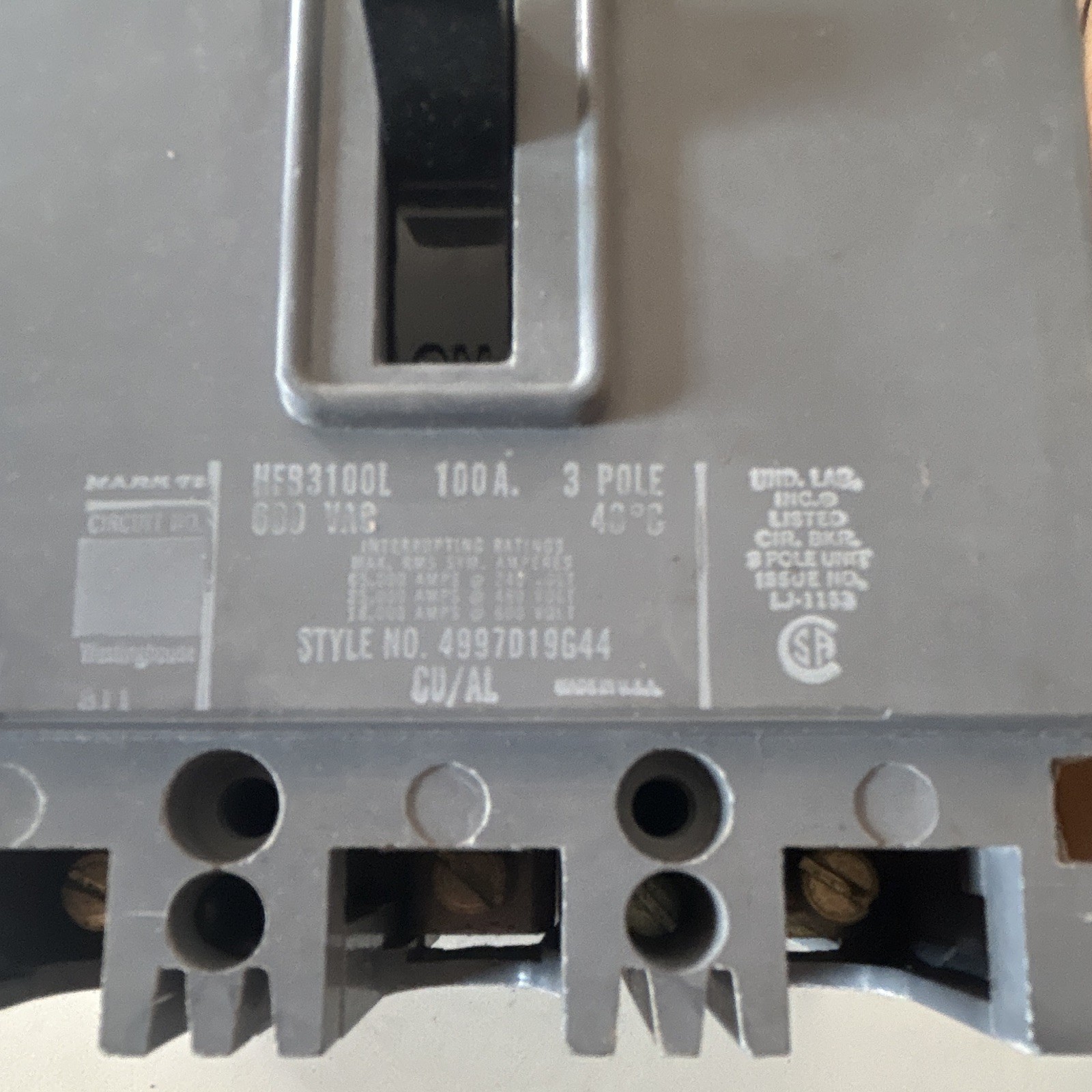 Westinghouse HFB3100L 100A 3 Pole Circuit Breaker 600V AC Thermal Magnetic