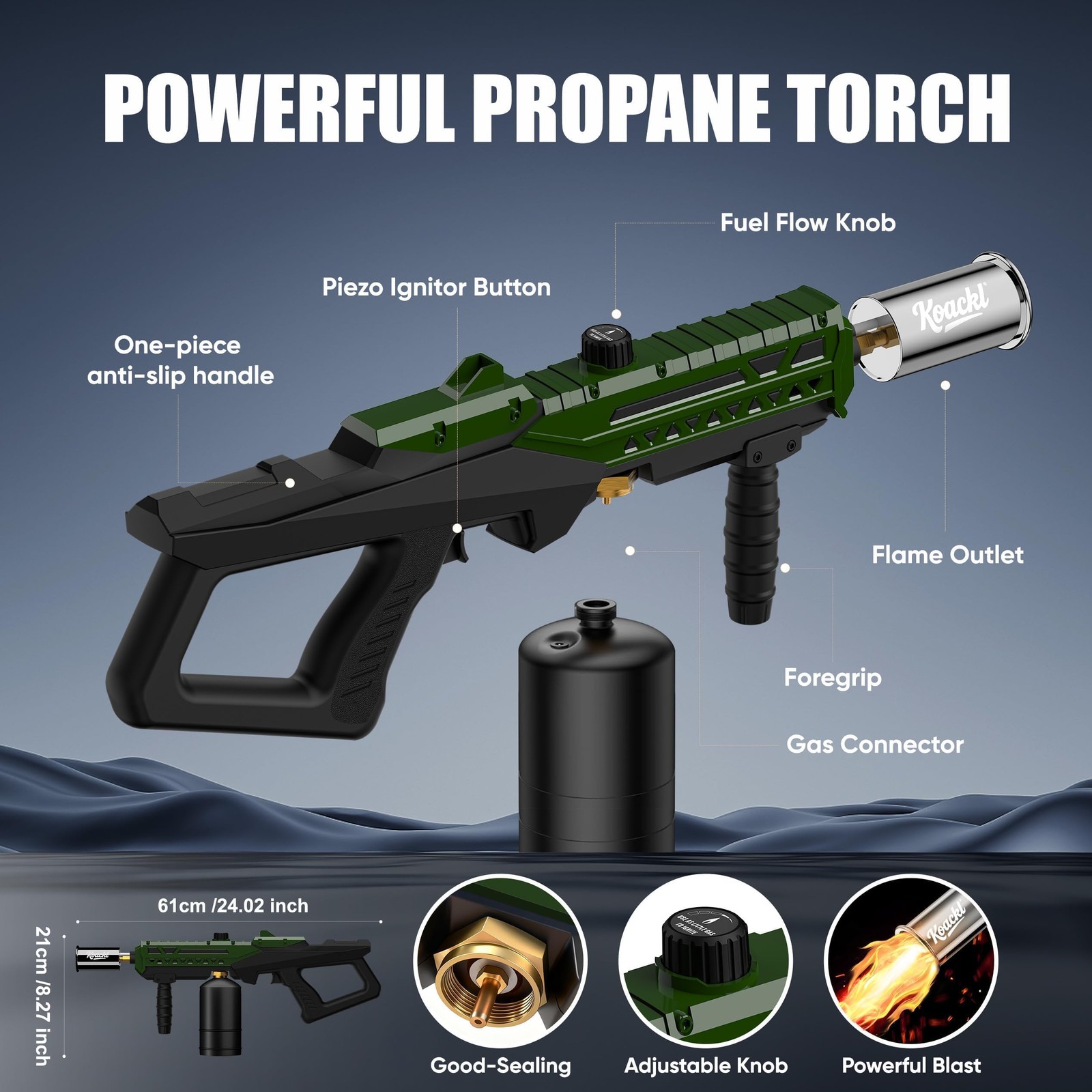 KOACKL Propane Torch Gun | Adjustable Flame Thrower Gun, Large, Dark Green