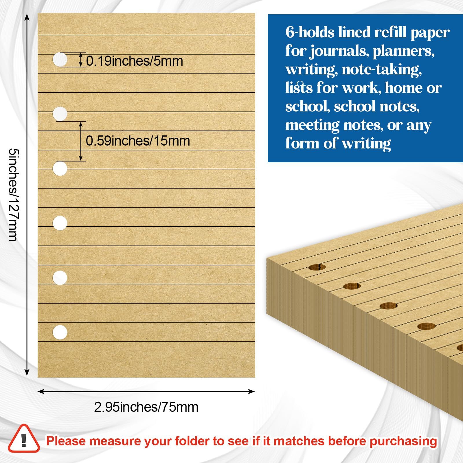 200 Sheets Blank Lined Paper Refill for 3 x 5 Binders 6 Ring Memo Kraft