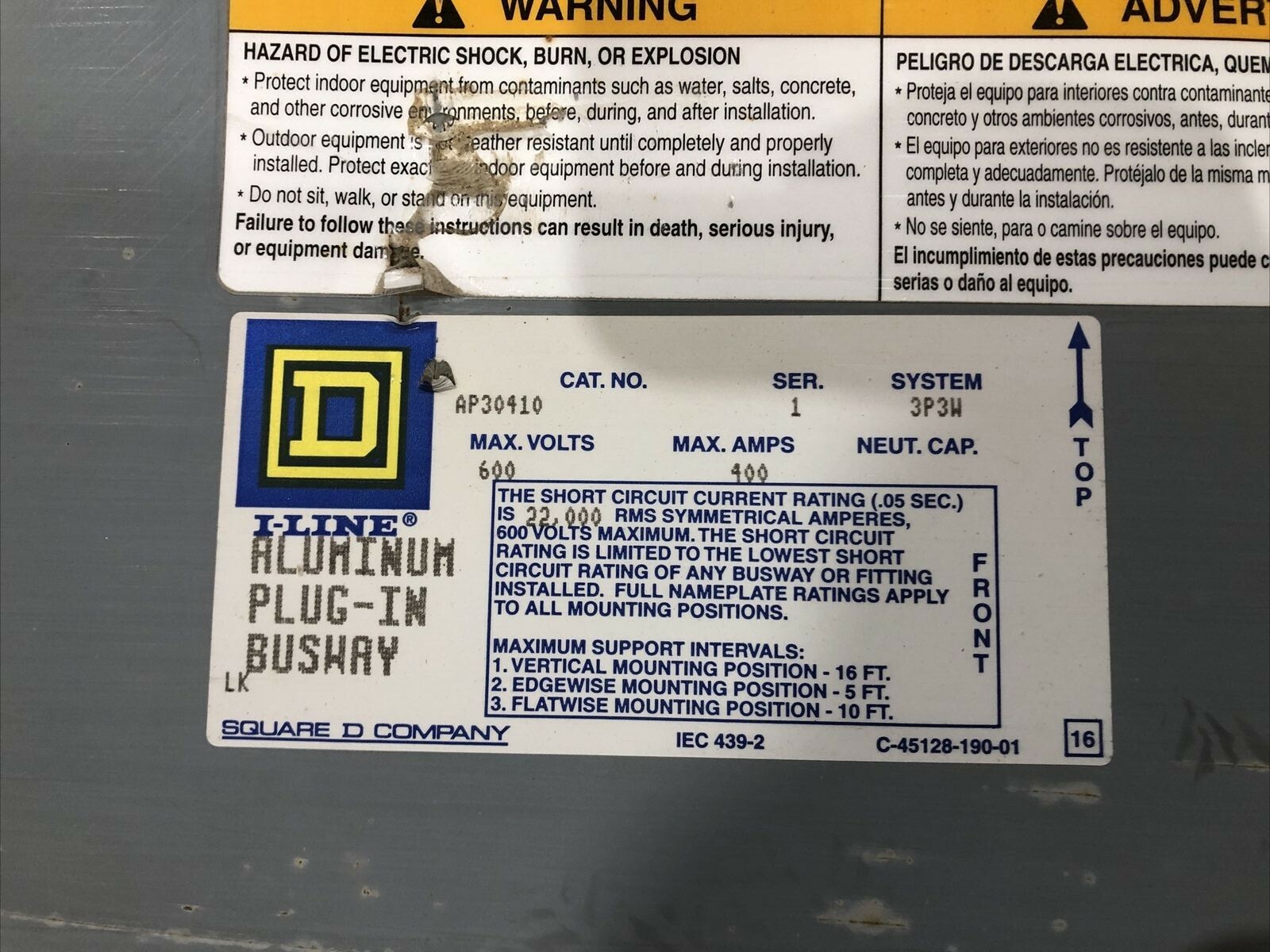 Square D I-Line Aluminum Plug-In Busway AP30410 400 Amp 600 Volt 3P/3W 10ft