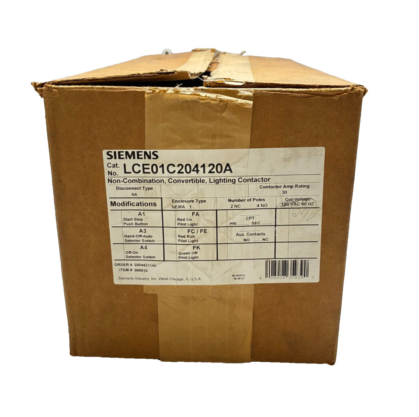 SIEMENS LCE01C004120A Electrically Held Li. Co. NEMA 1 4NO 4P 30A 110/115 120VAC