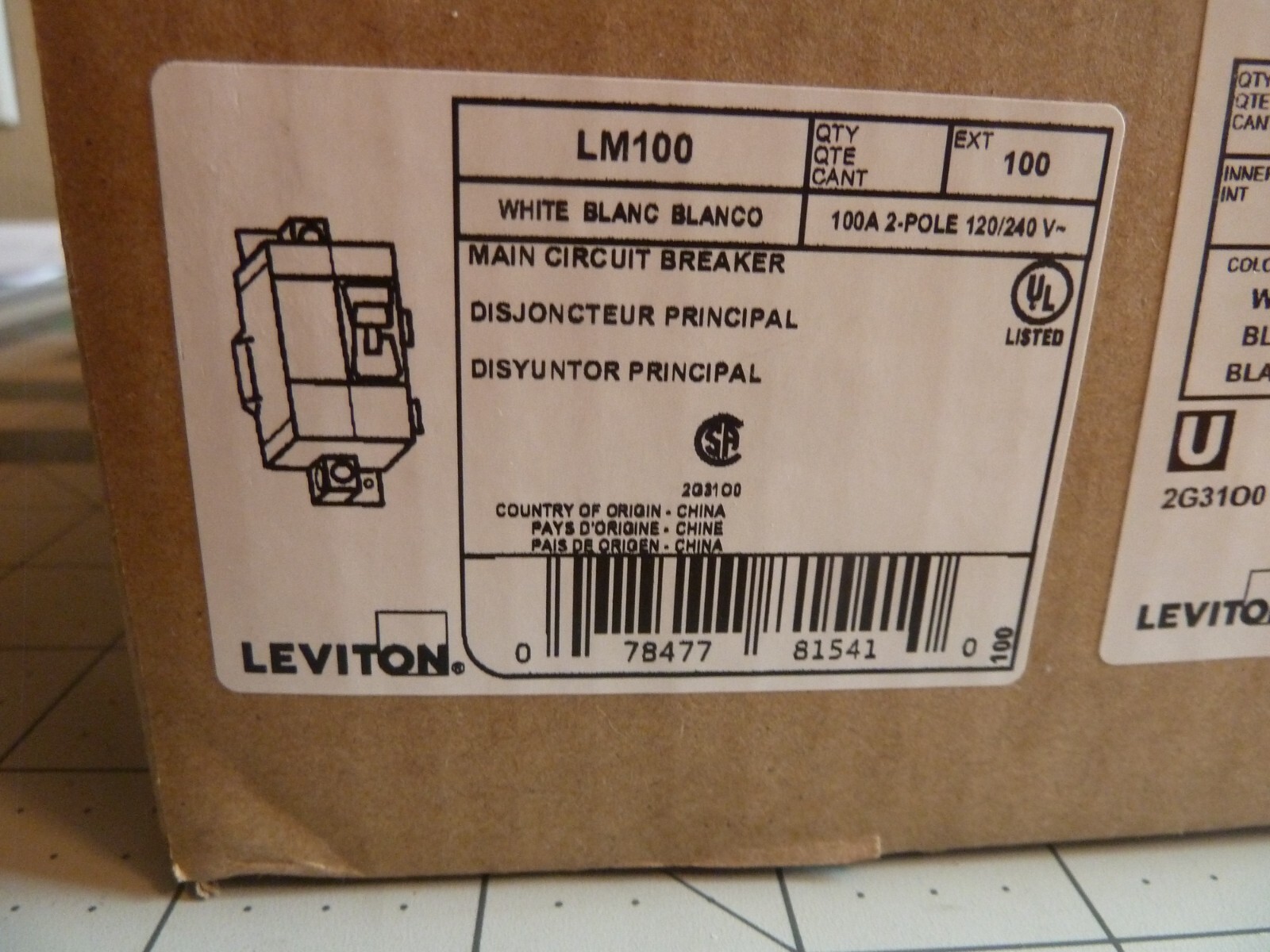 Leviton LM100 Main Circuit Breaker 2-Pole – 120/240 VAC -White -NEW – SEALED BOX