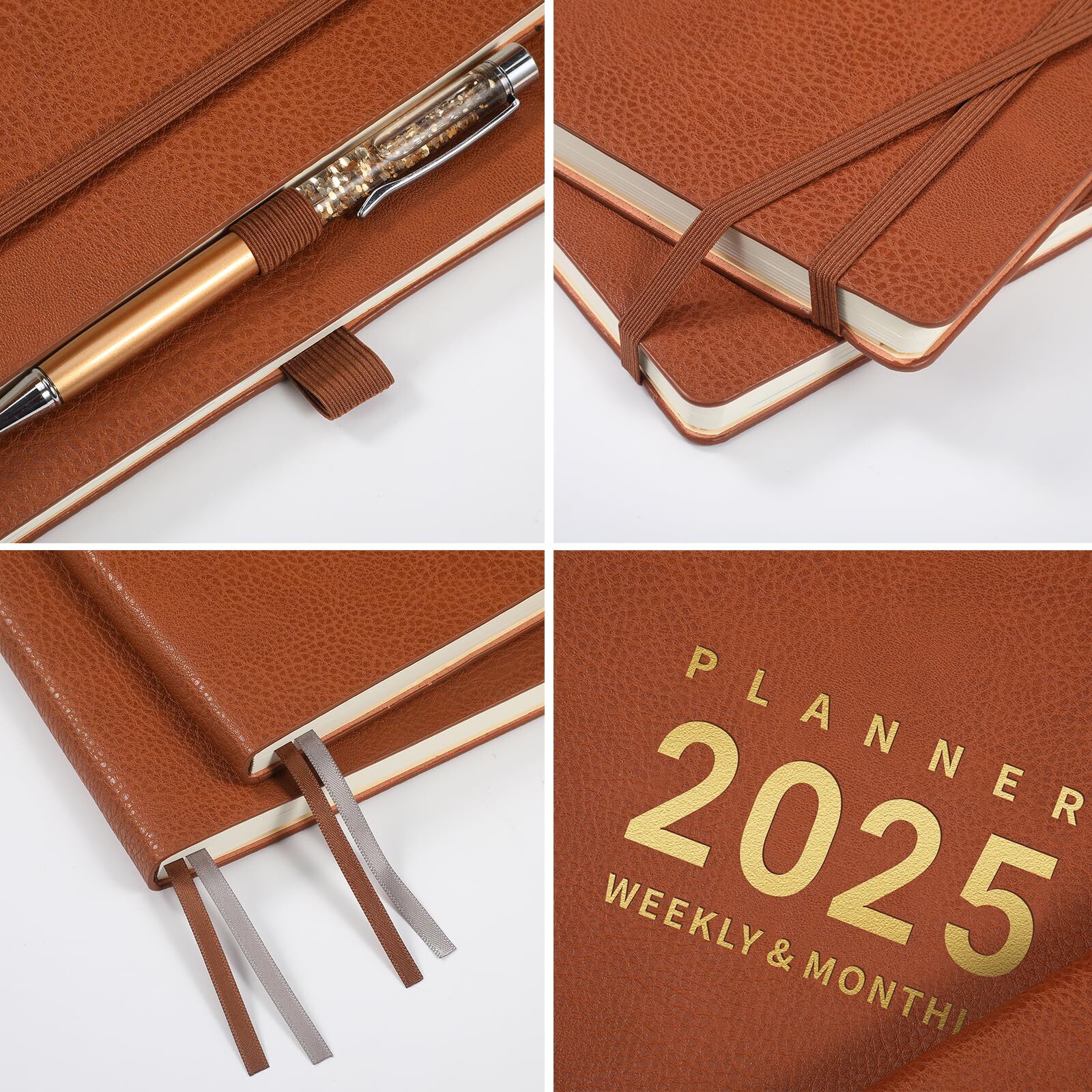 2025 Daily Weekly and Monthly Planner January to December Leather Cover Brown