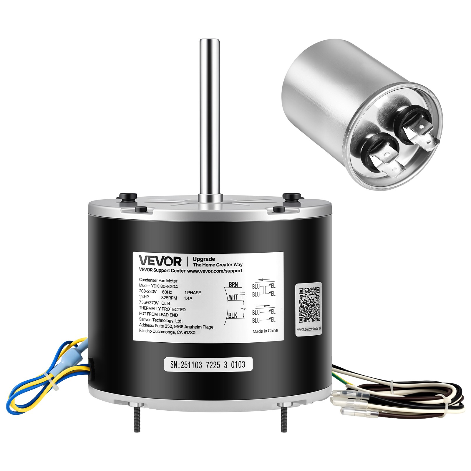 VEVOR Condenser Fan Motor with Capacitor 1/4HP 825RPM 208-230V CW/CCW Rotation